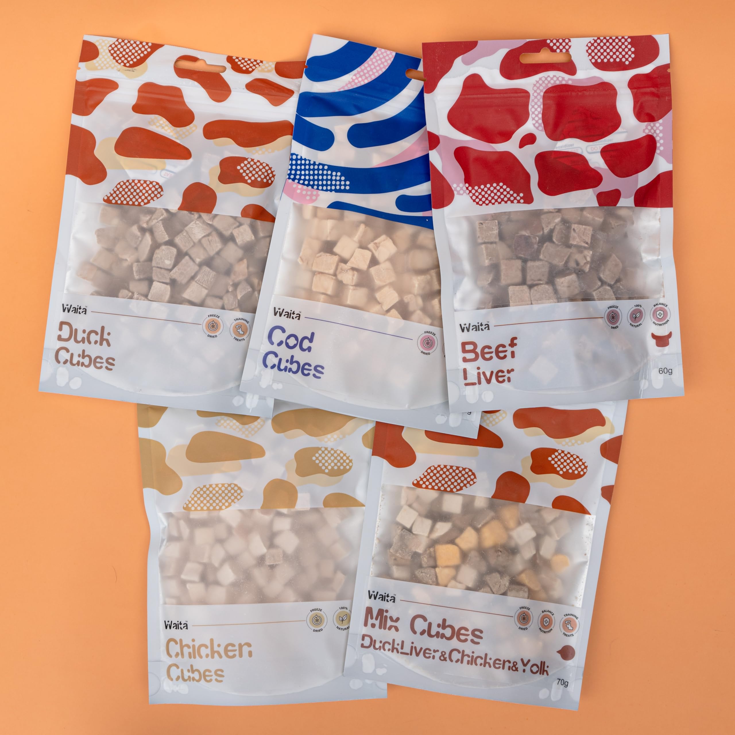 Freeze-Dried Dog and Cat Treats Box - 5 Pack Healthy Dog Treats for Single Ingredient Snack, Perfect Match for Cat Food and Dogs Food, Including Cod, Duck, Chicken, Beef Liver and Mix Cubes
