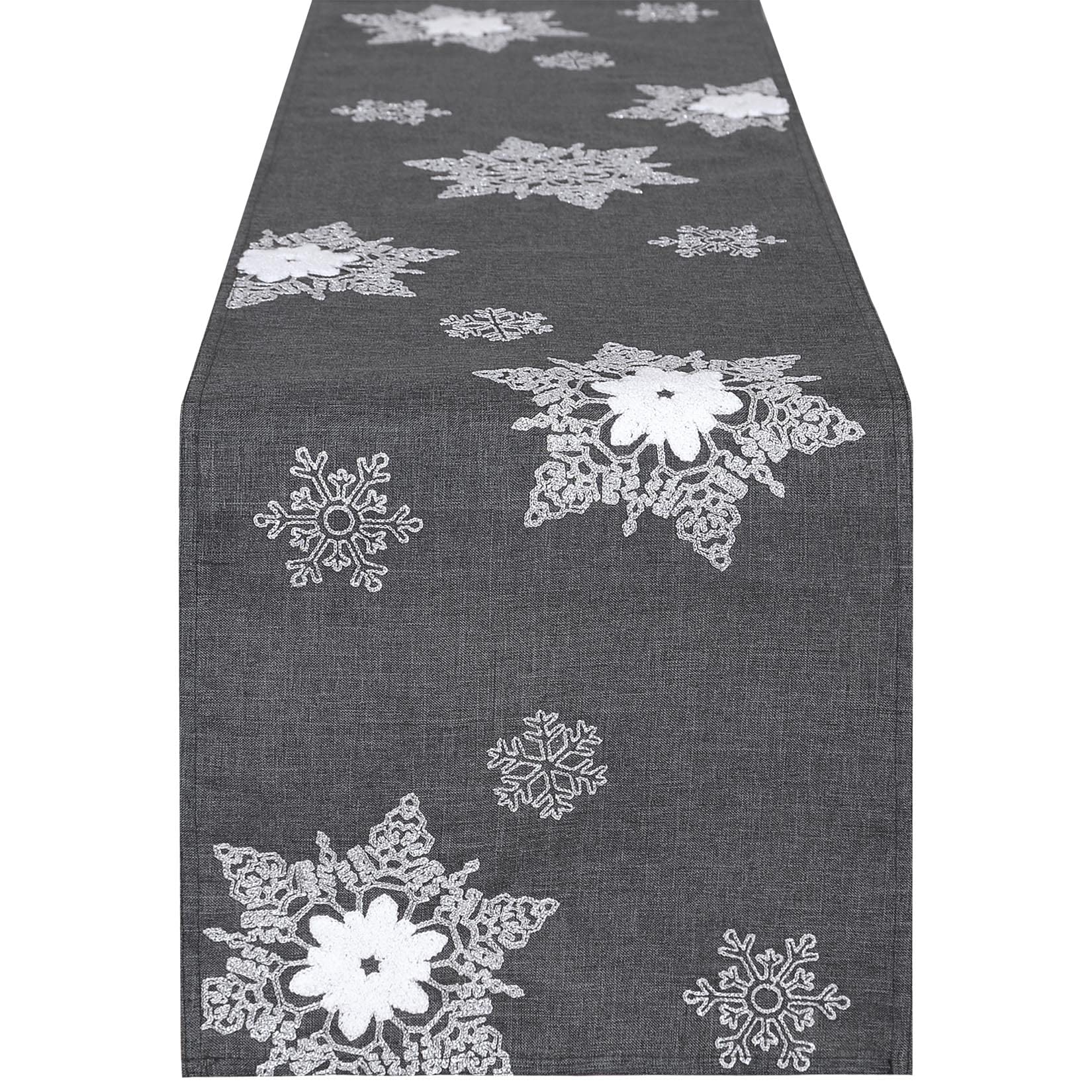 Grelucgo Towel Embroidered Silver and White Snowflakes Table Runner for Christmas and Winter (14 x 120 inches)