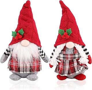 Jodsen 2 Pack Red Christmas Plaid Gnomes Plush Knitted Santa Doll,11.8 Inch Xmas Red Berries Gonk Dwarf Elf Decoration Ornaments,Stand Up Handmade Faceless Dolls Gifts Ornaments (Christmas)