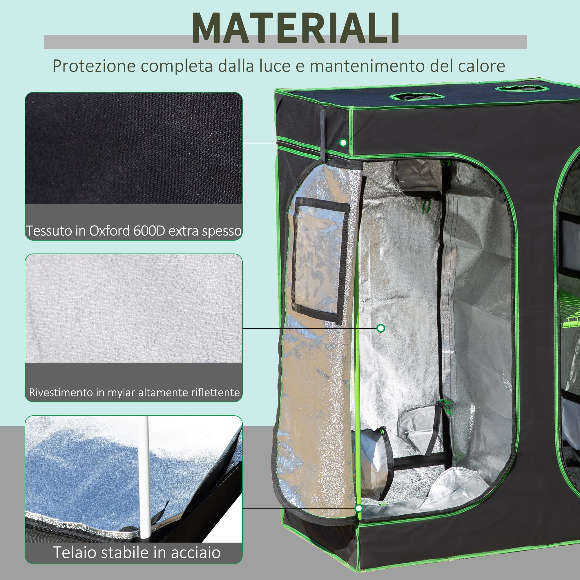 Outsunny Serra Idroponica per Interni, Tessuto Riflettente e Prese d'Aria, Porte e Finestre, 90x60x135cm Nero e Verde