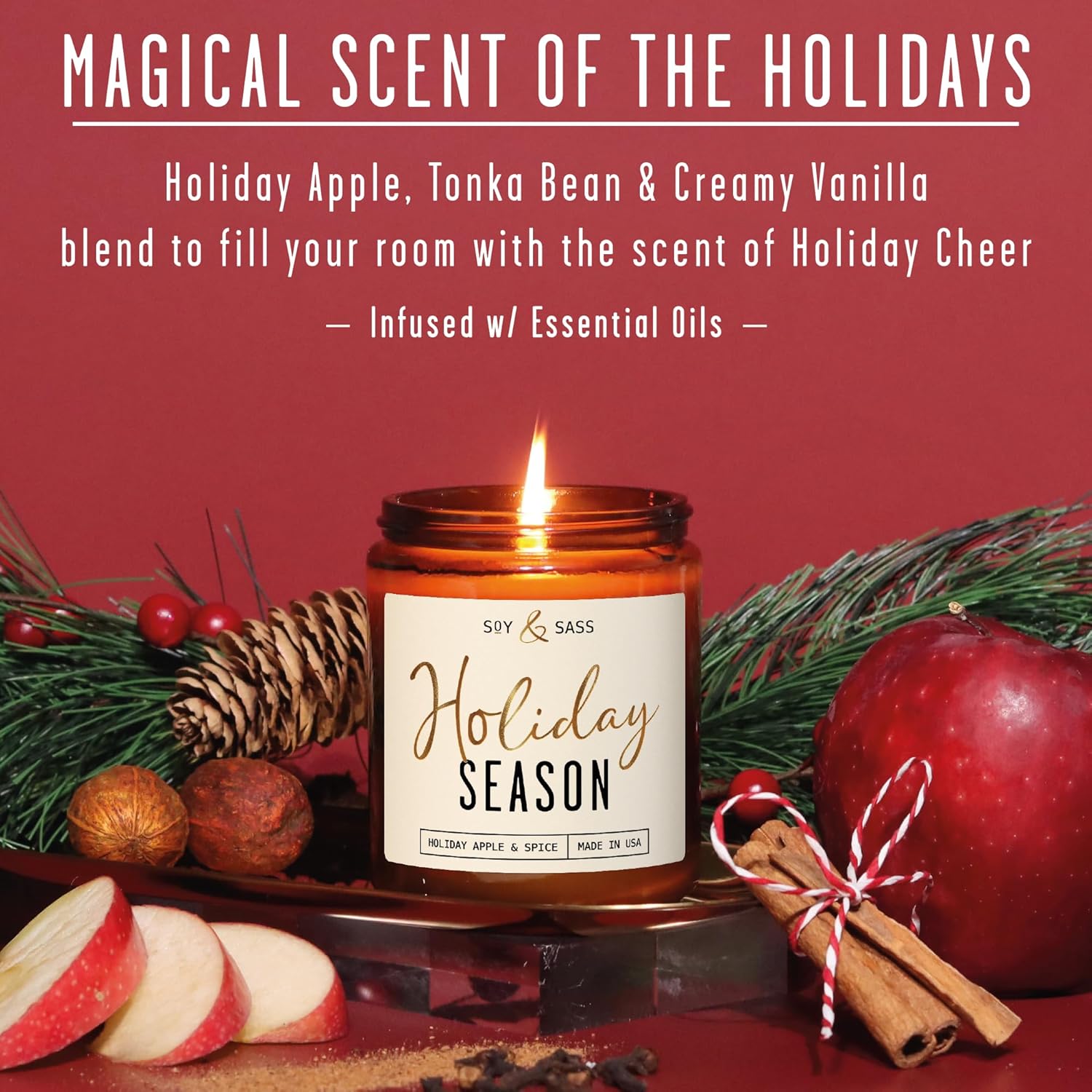 Holiday Candles, Christmas Candles Scented – ‘Holiday Season’ Soy Candle, w/Apple, Cinnamon & Clove - Infused with Essential Oils I Holiday Candle I 9oz, 50Hr, Made in USA