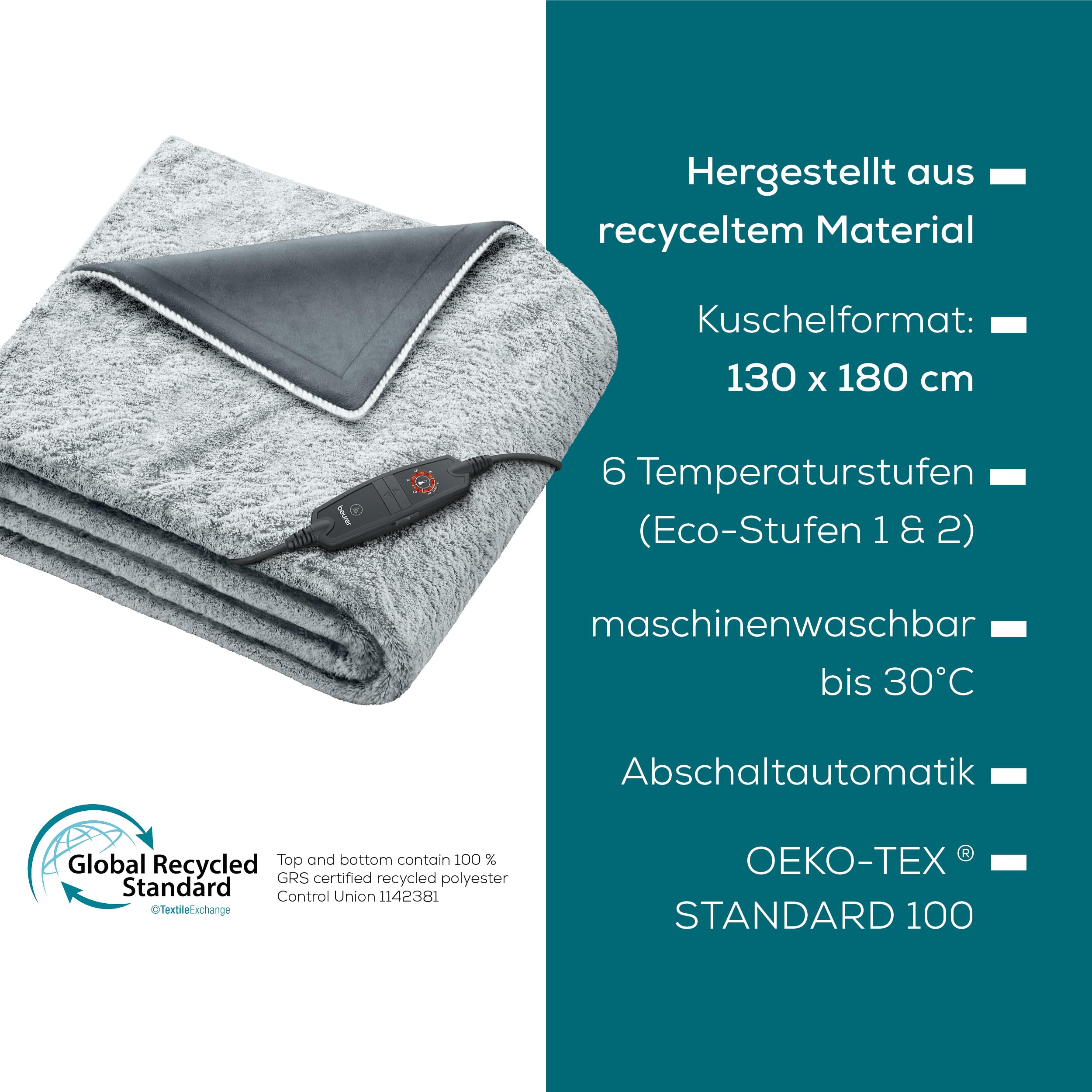 Beurer HD 75 Nordic Grey Heizdecke, Wärmedecke hergestellt aus recyceltem Material, kuschelig weich, 6 Temperaturstufen, maschinenwaschbar, Abschaltautomatik, 180 x 130 cm