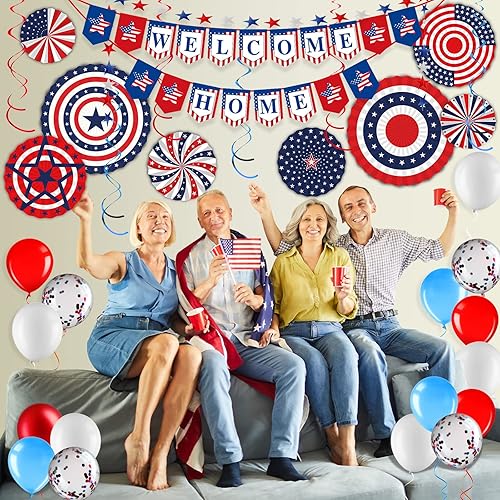 Miniatura 7 de Kit de decoración de bienvenida para el hogar pancarta de bienvenida militar globos rojos blancos y azules globos patrióticos de papel para