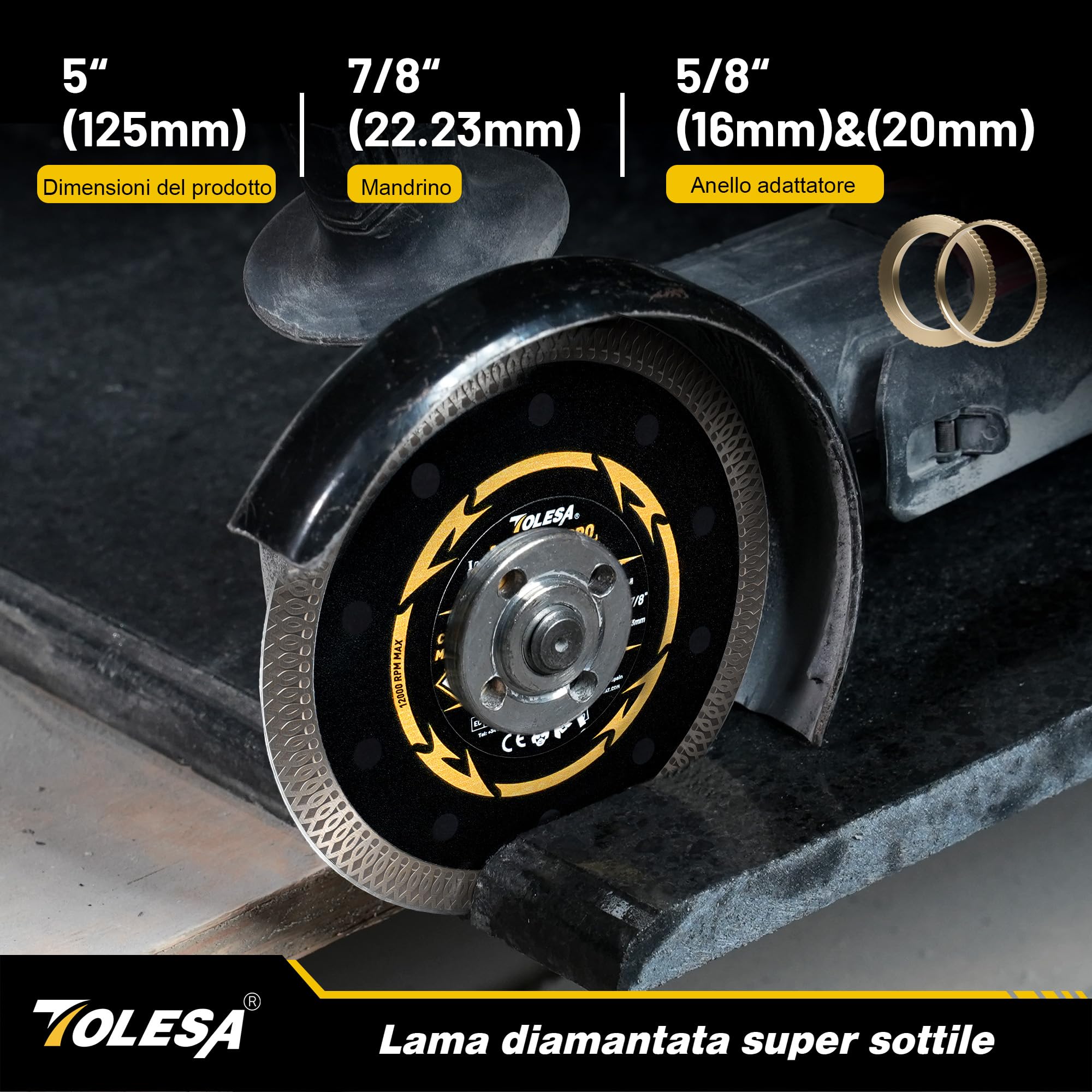 TOLESA Disco Diamantato 125 mm, Disco da Taglio Extra Sottile per Piastrelle, Ceramica, Marmo e Granito, Per Taglio a Secco o ad Acqua, Foro 22,23 mm con Anelli Adattatori 20 mm & 16 mm (Set da 3)