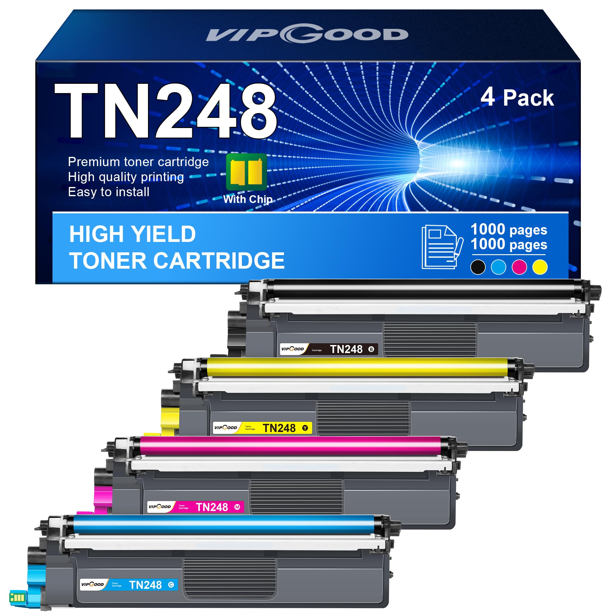 VIPGOOD TN248 TN-248CMYK Toner con Chip Compatibile per Brother TN 248 TN248XL TN-248 per MFC-L3740CDW DCP-L3560CDW MFC L3760CDW DCP-L3520CDW HLL3240CDW HL-L3220CW (Nero Ciano Giallo Magenta, 4-Pack)