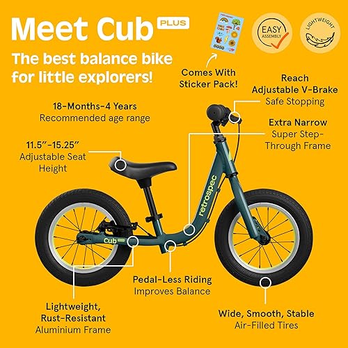 Miniatura 2 de Retrospec Cub Plus - Bicicleta de equilibrio para niños y niñas de 18 meses a 4 años, sin pedales, con marco ligero y freno en V ajustable, asiento