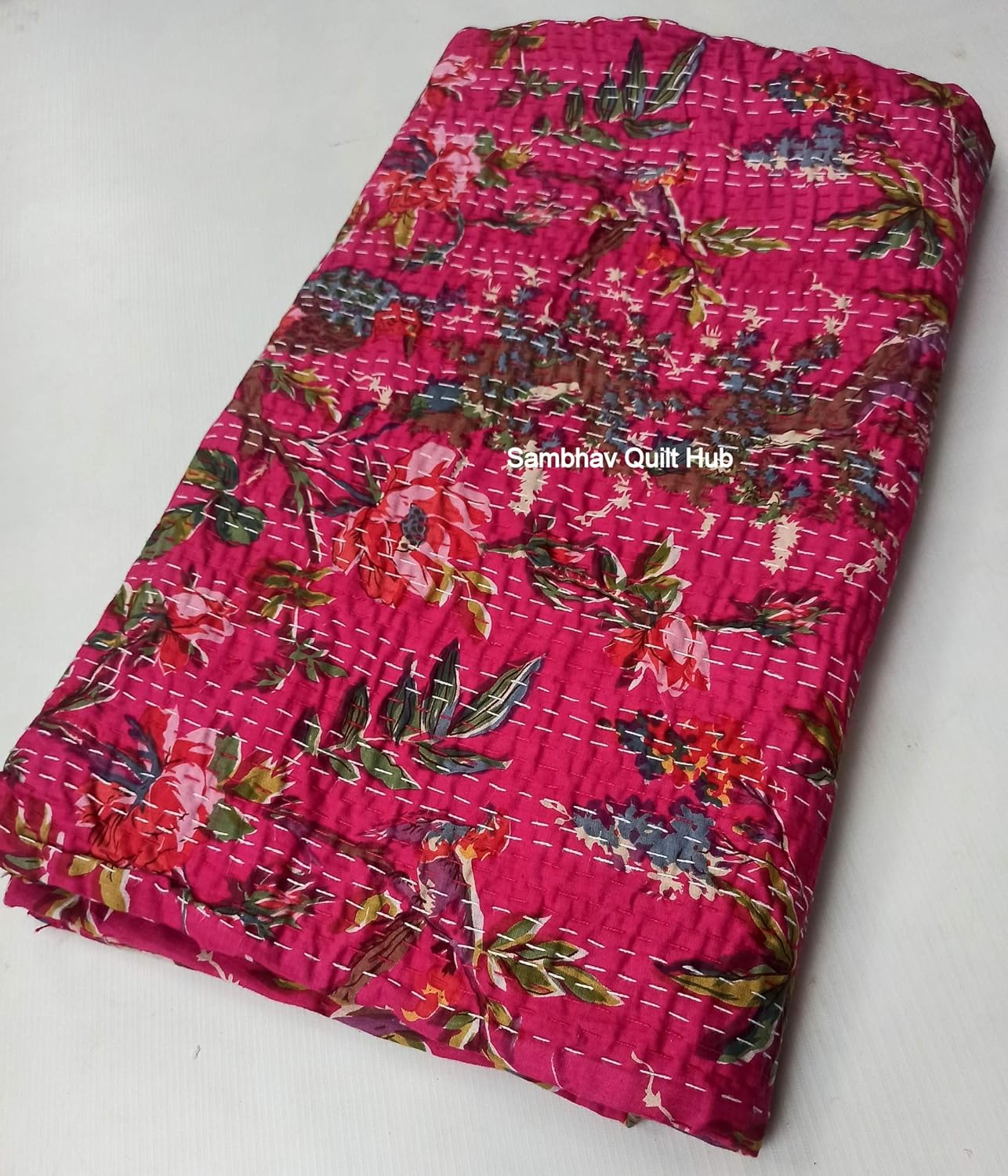Pink Floral Bird Kantha Quilting with 2 Pillow Reversible Kantha Bedding Quilt Bedspread Blanket Hippie Bohemian Kantha Quilting King/Queen Home Decor Bird Kantha Quilt with 2 Pillow (60X90 inches)