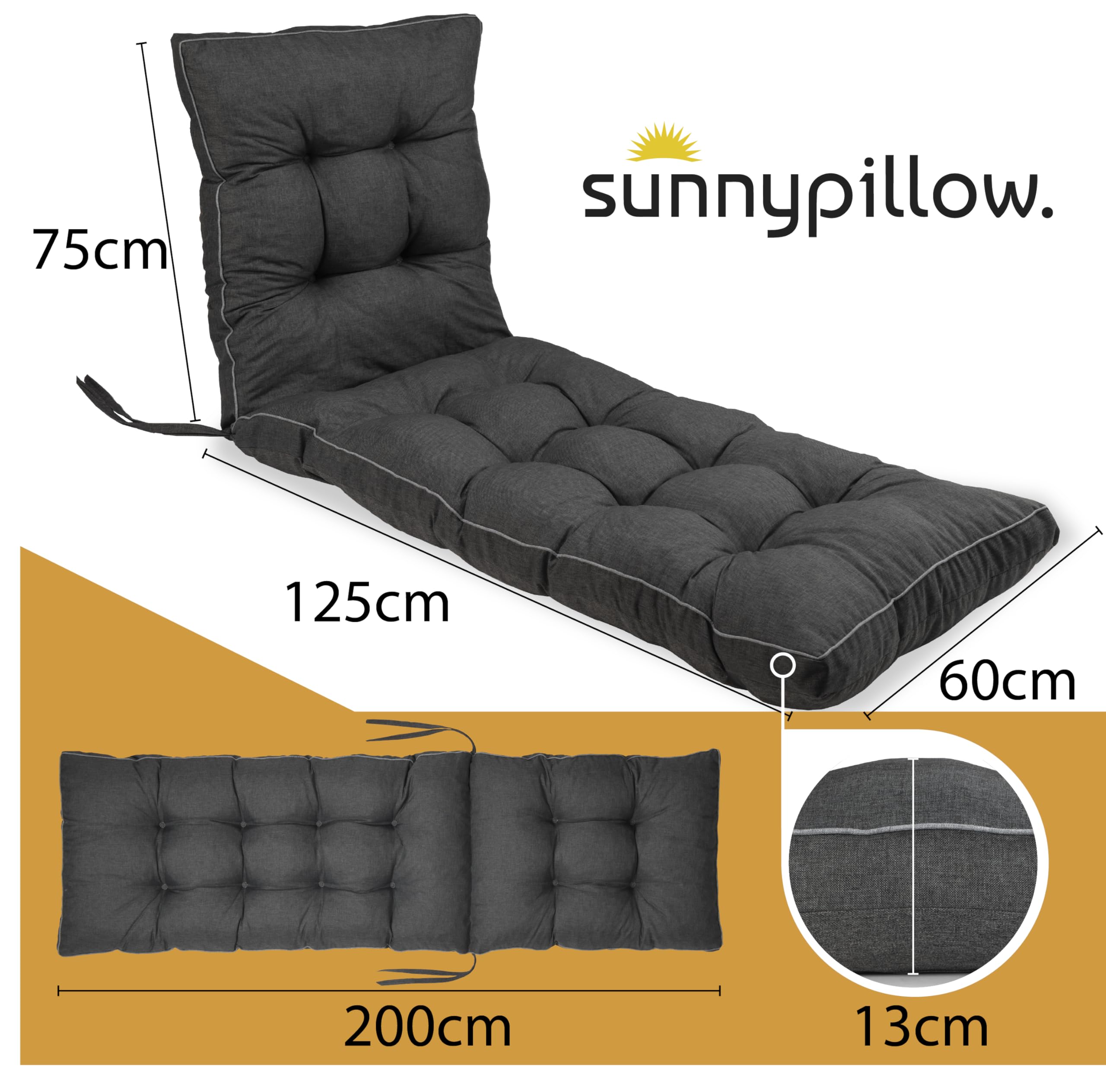 sunnypillow Liegenauflage 200 x 60 - Auflage für Gartenliege extra dick 13cm - Outdoor, wasserdicht, UV Lichtecht - Polster für Sonnenliege - Polsterauflagen für Liegestuhl - Kissen Anthrazit
