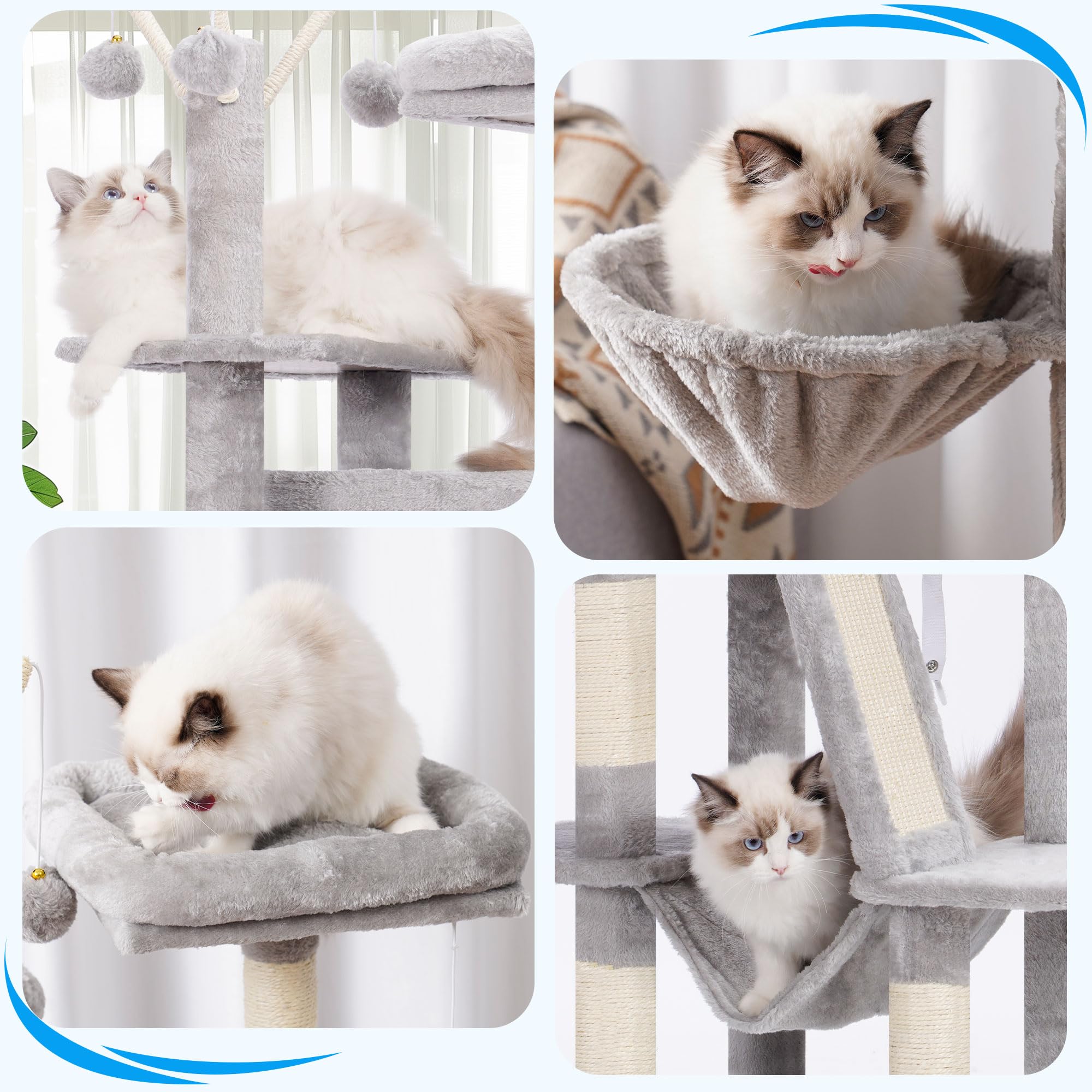 Hey-brother Cat Tree, 135 cm wieża dla kotów domowych, domek dla kota z wyściełanym legowiskiem, piłeczkami, dużym przytulnym mieszkaniem, hamakami i sizalowymi drapakami, jasnoszary EMPJ019-SW