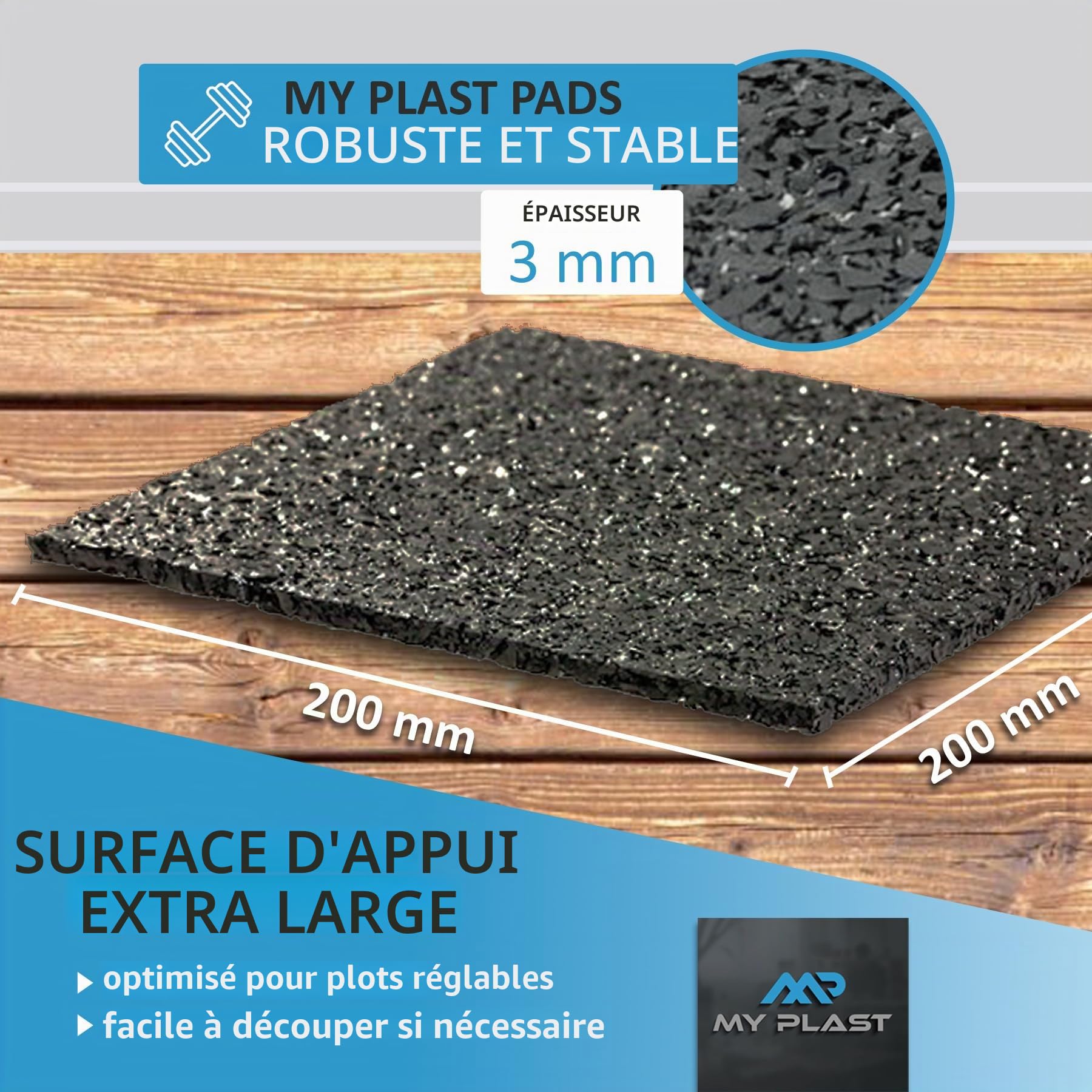 Lot de 50 tapis pour terrasse - 200 x 200 mm x 3 mm - Plaque de soubassement en granulés de caoutchouc - Pour plots et roulements de panneaux - Quantité au choix (50 pièces - 200 mm x 200 mm x 3 mm)