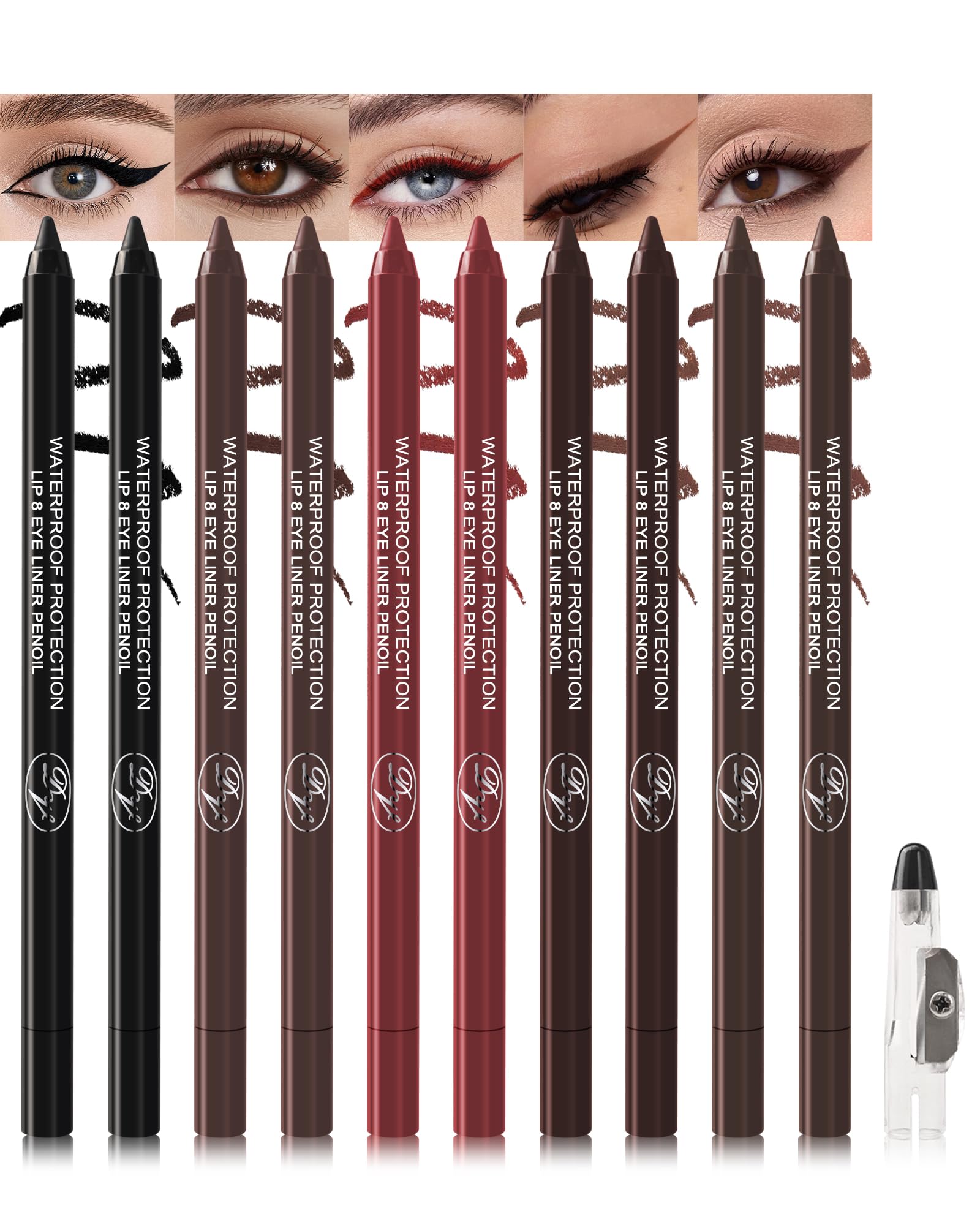 10 Pcs Gel Eyeliner Pencil Set Black Brown Burgundy Waterline Waterproof Eye Liner Eyeshadow Stick for Women Cream