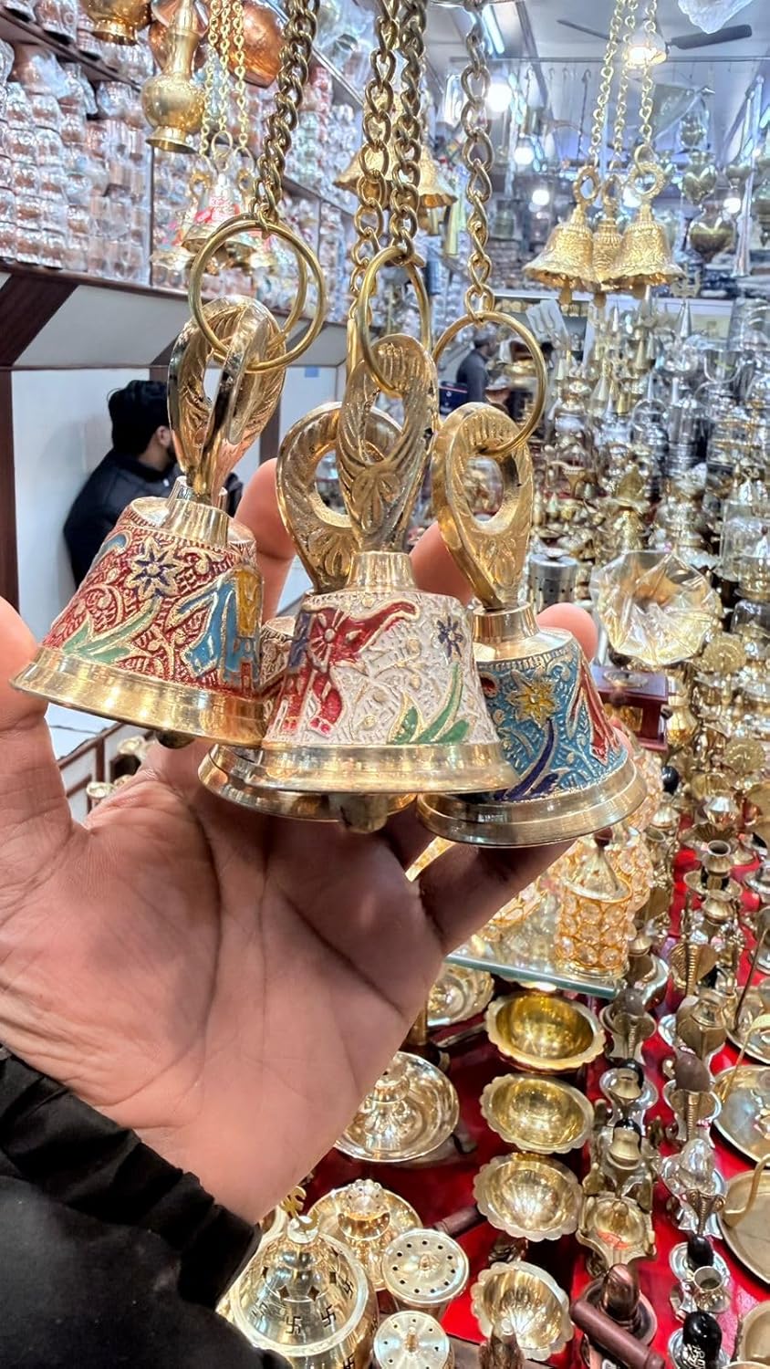 Decorative Brass Hanging Bells, Gold Finish, Colorful Enamel Design, Traditional Indian Style, Chain Hanging, Set of 3