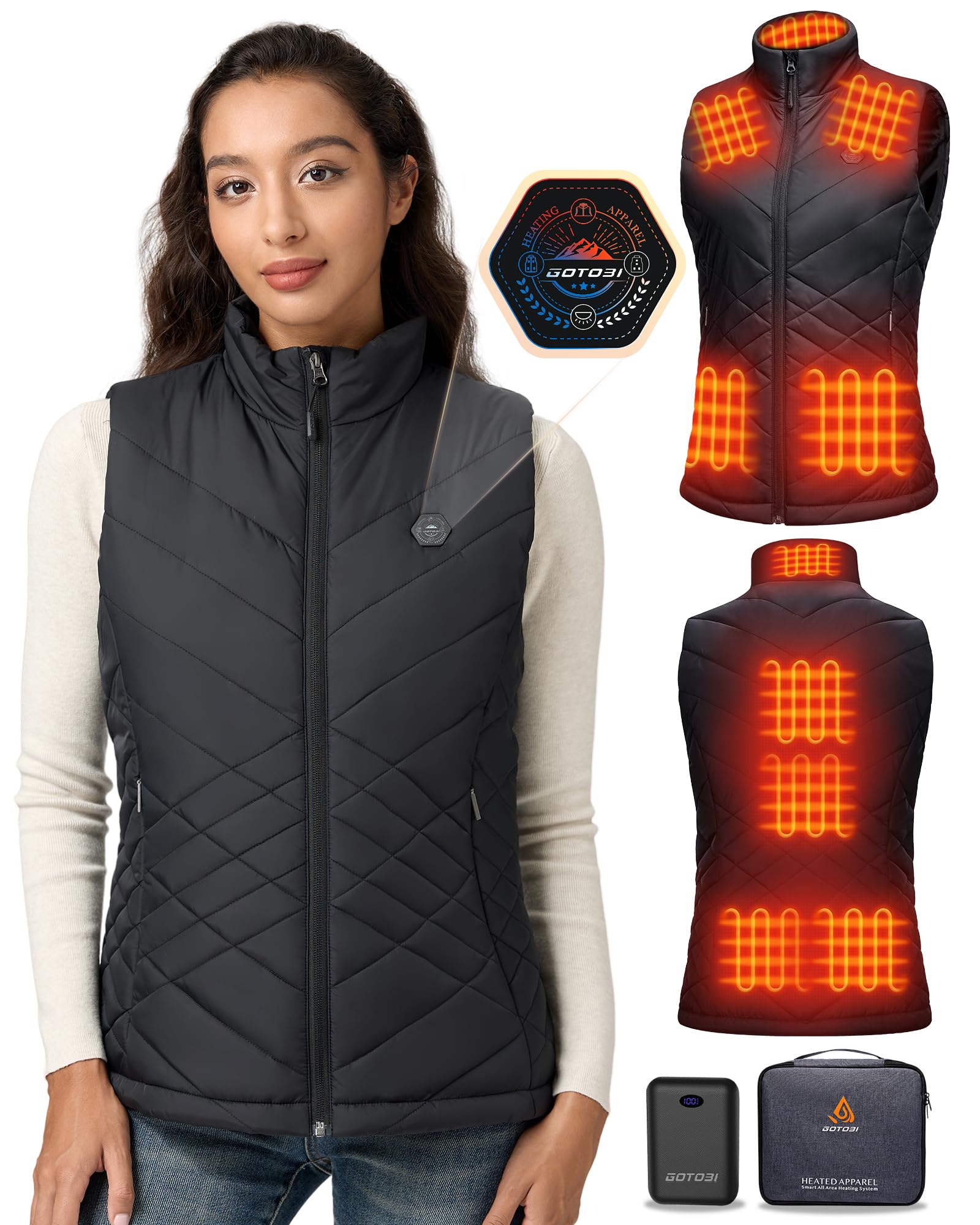 GOTOBI Gilet Riscaldato Donna con Batteria Inclusa da 7.4V e 16000mAh, 9 Zone di Riscaldamento, 3 Livelli di Temperatura Regolabili, Ideale per Attività all'Aperto Viaggi Sport Tempo Libero
