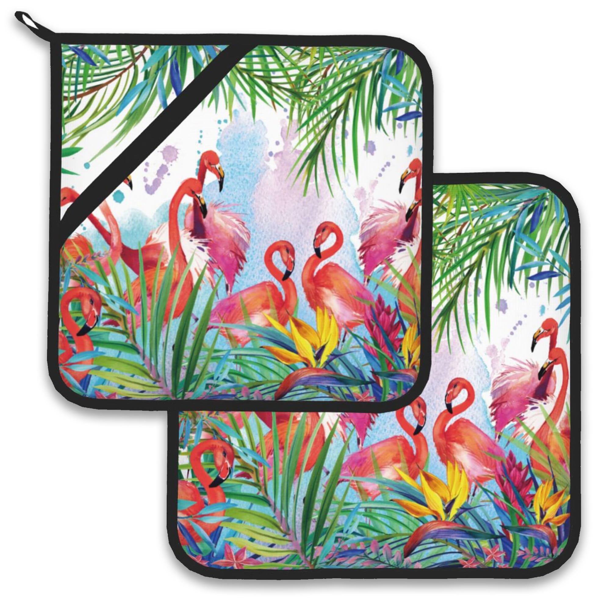 Tropical Exotic Flamingos Leaves Flowers Pot Holder Set of