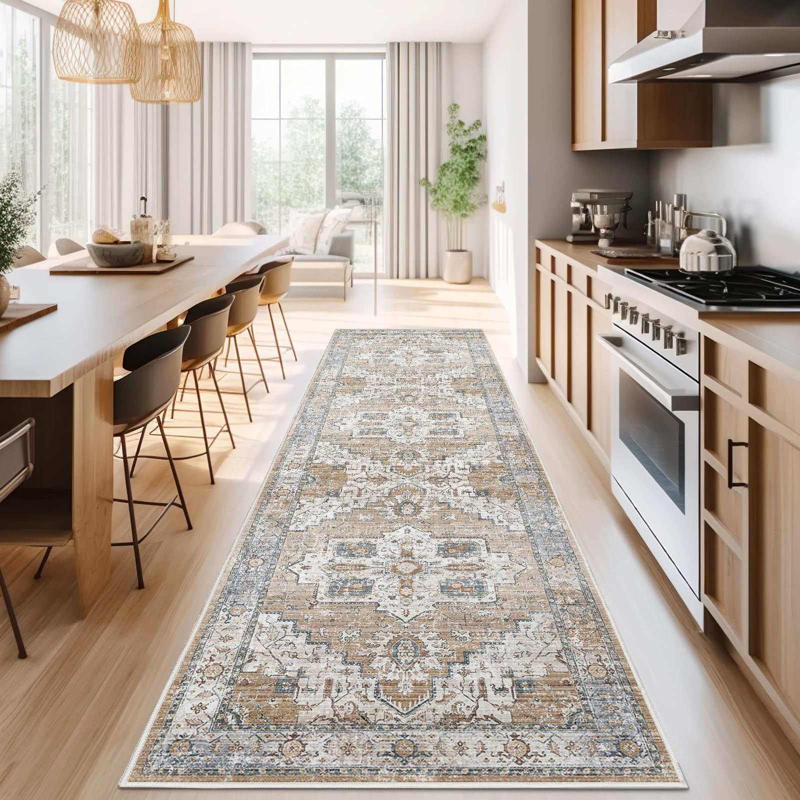 jinchan Tribal Runner Rug 3x10 for Hallway - Kitchen Machine Washable Vintage Floral Non-Slip with Rubber Backing Ultra-Thin Low-Pile Carpet Runner