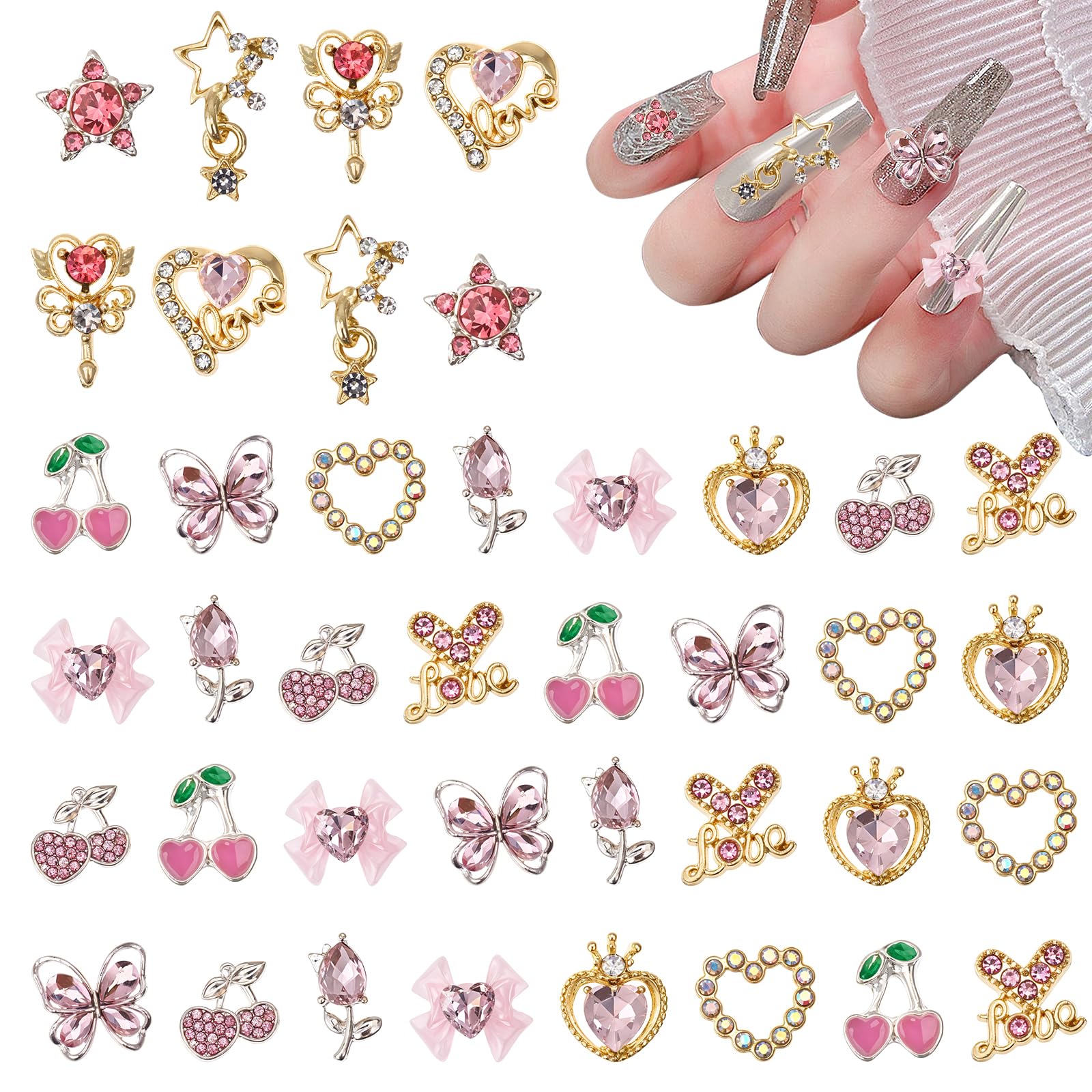 48pcs Silver Nail Charms,3D Nail Charms Heart Star Bow with Rhinestones,Alloy Craft Bead Shiny Jewelry Nail Decorations for Women DIY Crafts Supplies