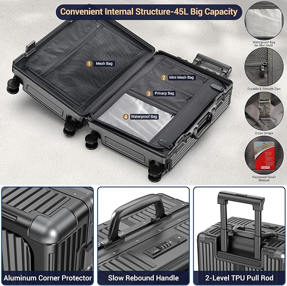 Portable Carry on Luggage Airline Approved, Luggage for Trips, Practical Suitcase with Front Pocket &USB Port. (01-Black)