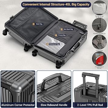 Portable Carry on Luggage Airline Approved, Luggage for Trips, Practical Suitcase with Front Pocket &USB Port. (01-Black)