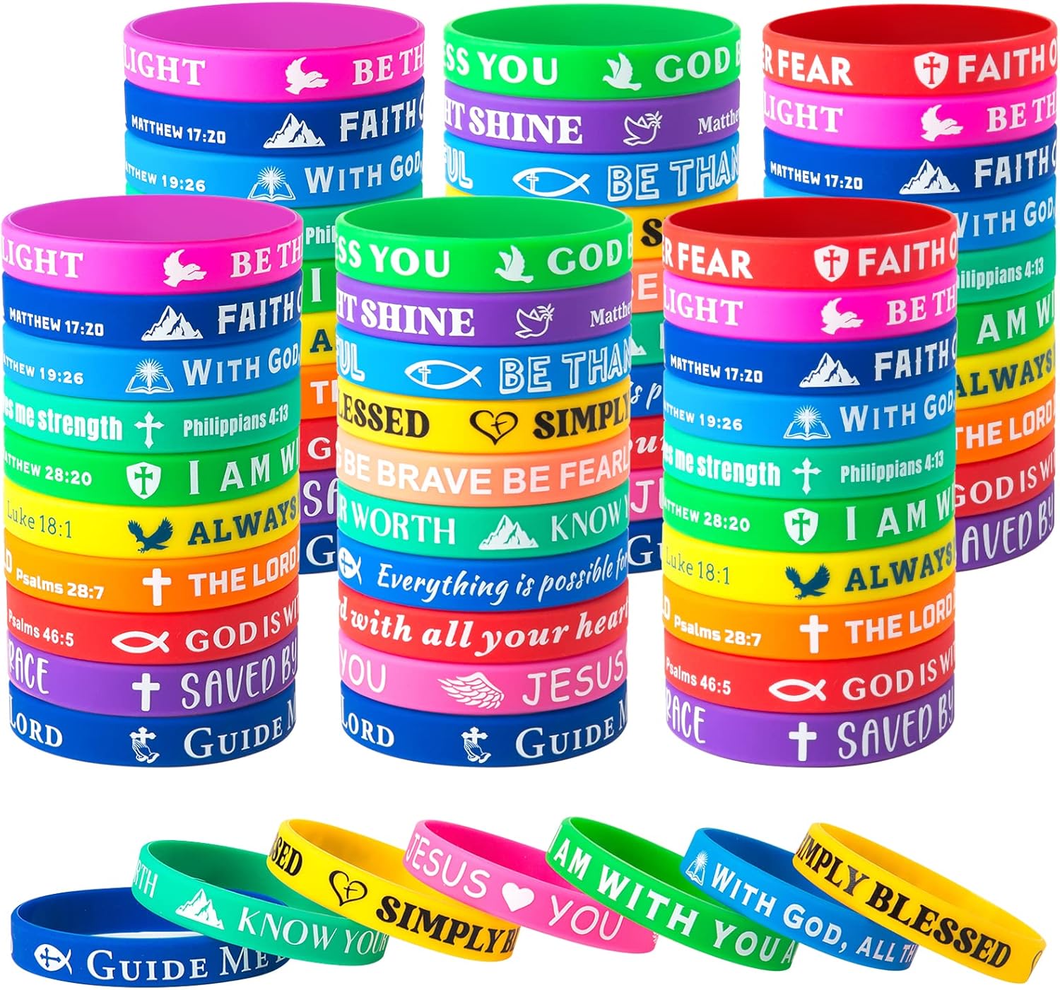 Bible Verse Bracelets 60 Pcs Silicone Bulk Jesus Cute Christian Colored Wristbands Comfortable and Lightweight Perfect Religious Gifts for Men, Women
