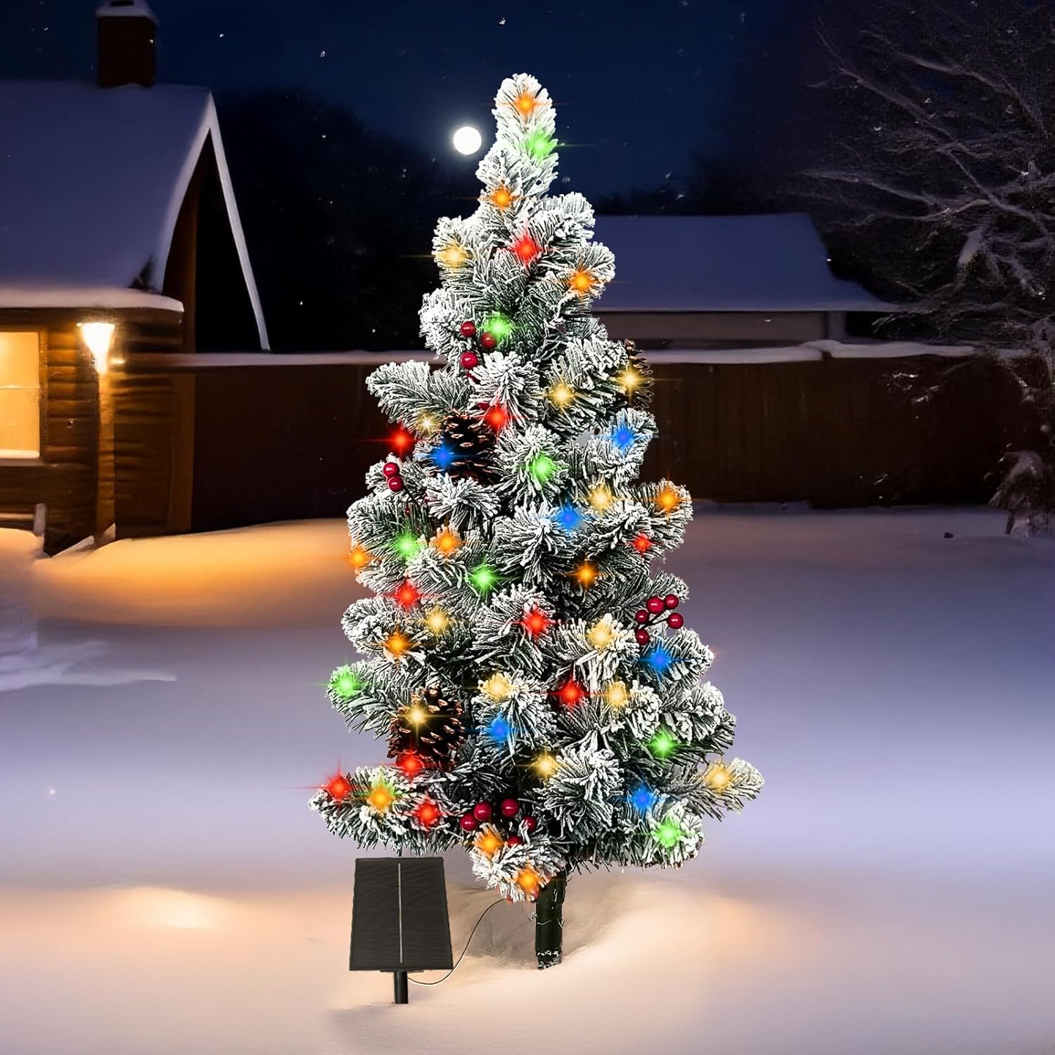 2-Pack 3.2FT Solar Christmas Tree Lights Outdoor Waterproof, 100LED 8 Lighting Modes Xmas Ball & Red Berry Outdoor Christmas Tree, Christmas Decorations Outdoor for Holiday Display Courtyard Decor