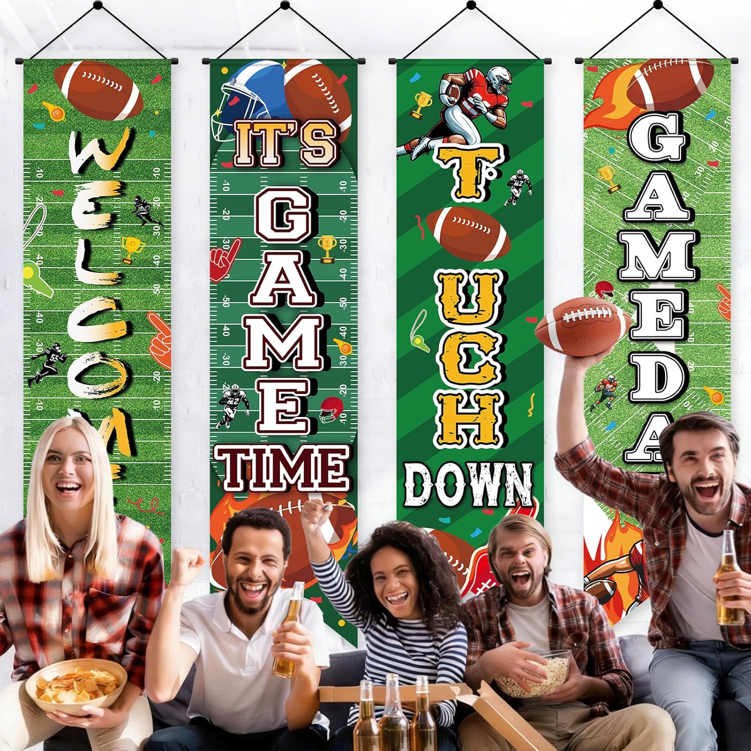 4PCS Football Field Banner Decorations Football Party Backdrop Background Game Time Welcome Hanging Door Banner for Sport Themed Birthday Indoor Outdoor Supplies Wall Door Decor