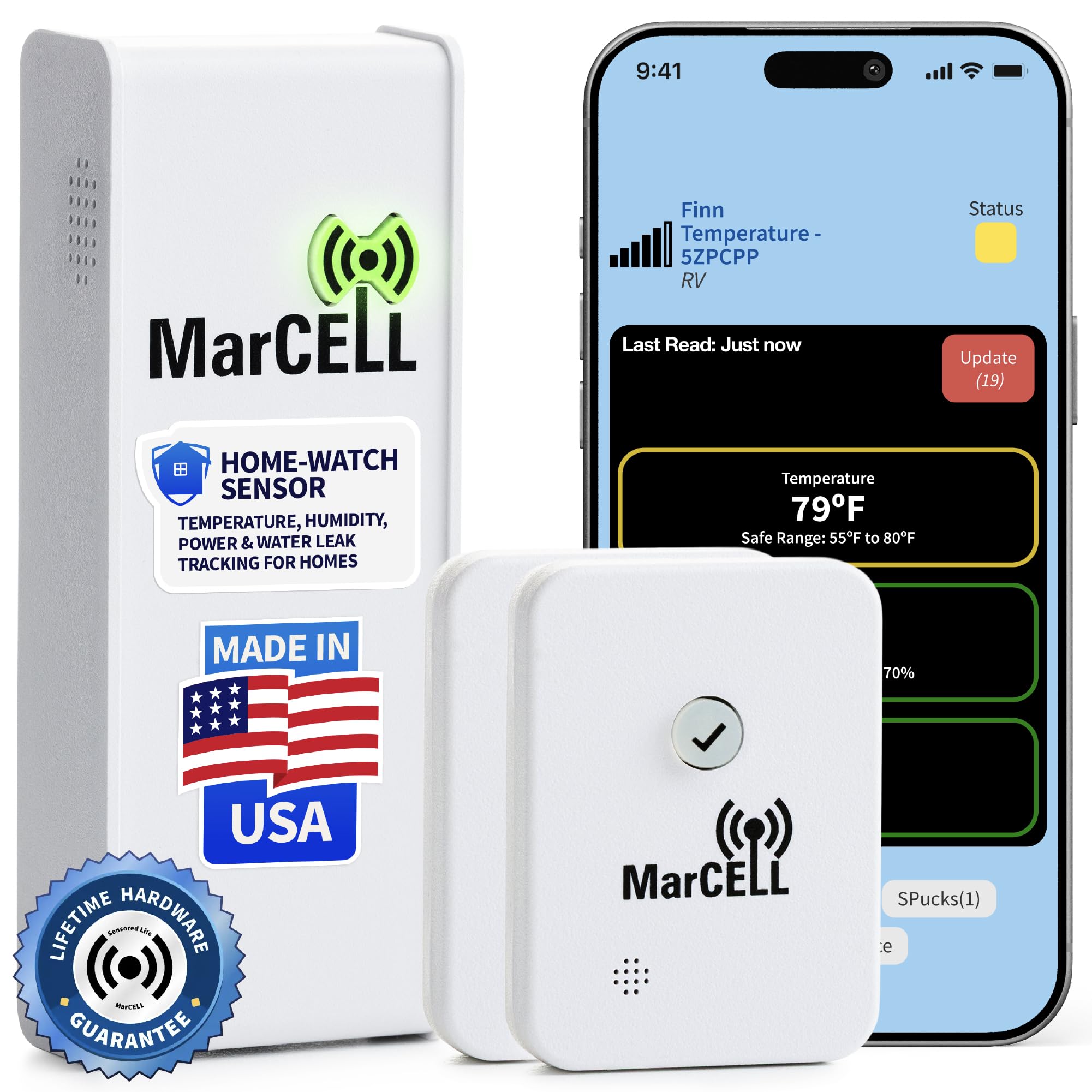 MarCELL Home/Cottage Watch Bundle (Verizon) – No Wi-Fi Cellular Cabin & Vacation Monitor, Freeze & 2 SPuck Leak Sensors, Made in USA
