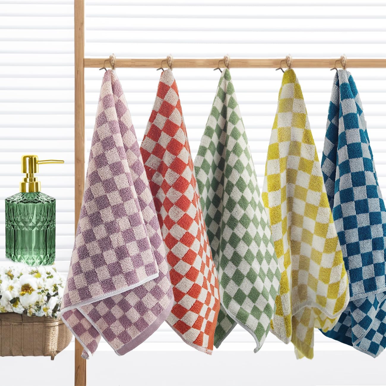 Hand Towels for Bathroom 5 Pack, Cotton Terry, Checkered Kitchen Dish Towels Set of 5, Soft Absorbent,13 × 29 Inches, 5 Colors Multi-Color