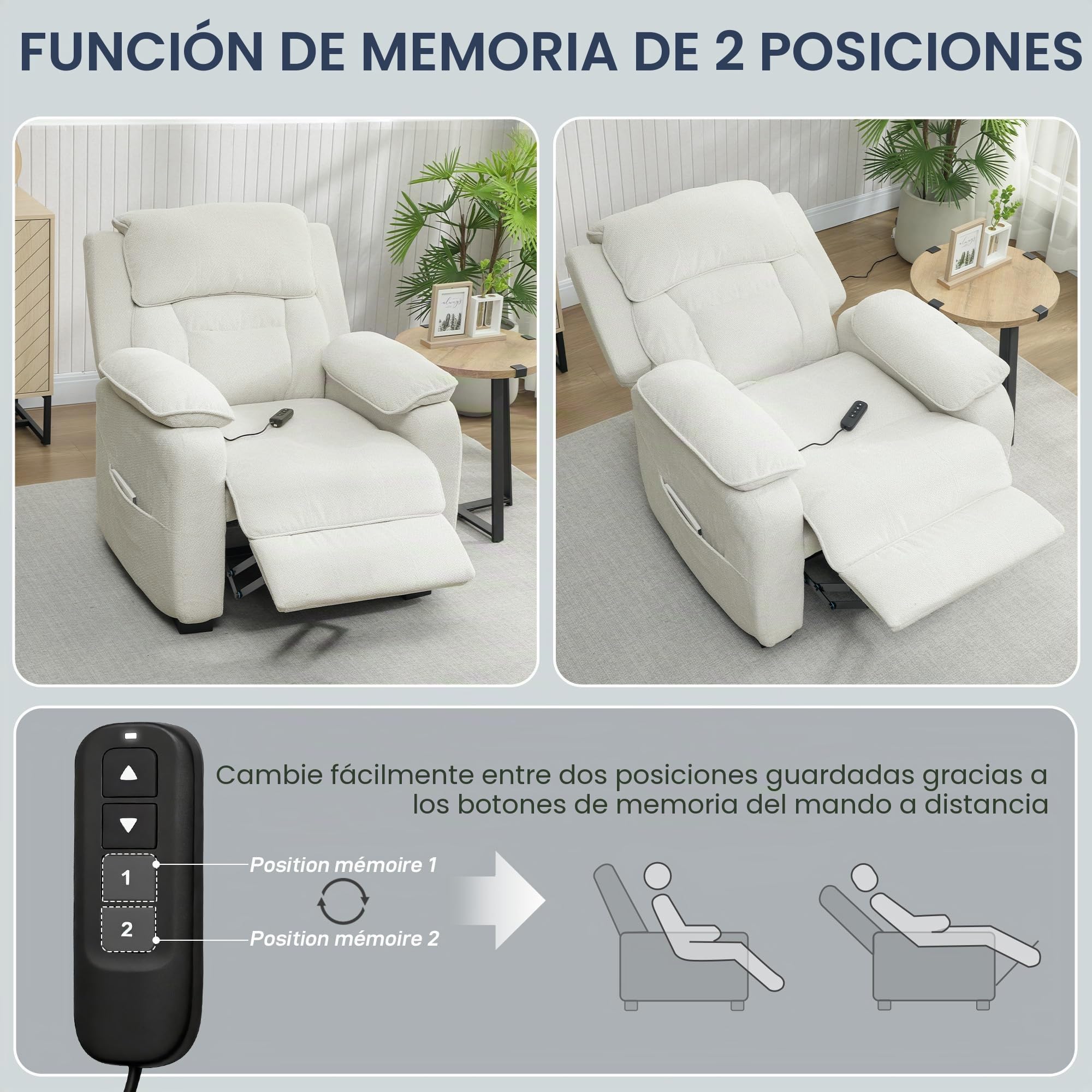 HOMCOM Sillón reclinable eléctrico con Puerto USB Crema | Reposapiés, Bolsillos laterales, Reposacabezas, Mando remoto, Motor silencioso, 2 posiciones de memoria, Sala cine en casa