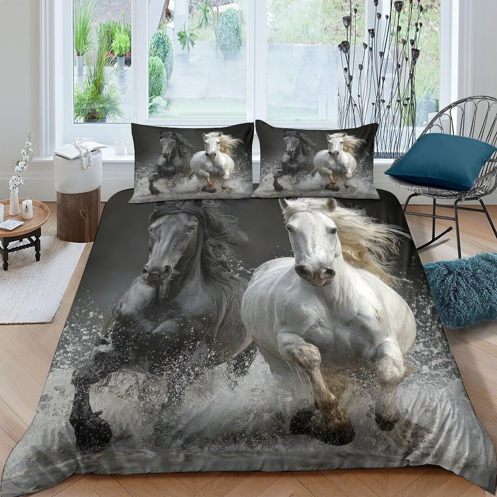Ctjqhvkz Style-3 3D Printed White Running Horse Fitted Sheet Microfiber Soft Breathable Black Stallion Mattress Cover Bedroom Decor Single（135X200cm）