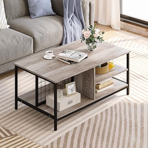 YITAHOME Coffee Table for Living Room,3-Tier Modern Coffee Table with Storage Shelf, Industrial Farmhouse Tabletop Dining Table Cocktail Center Table for Living Room Home Office, 41.3" L for 176lbs