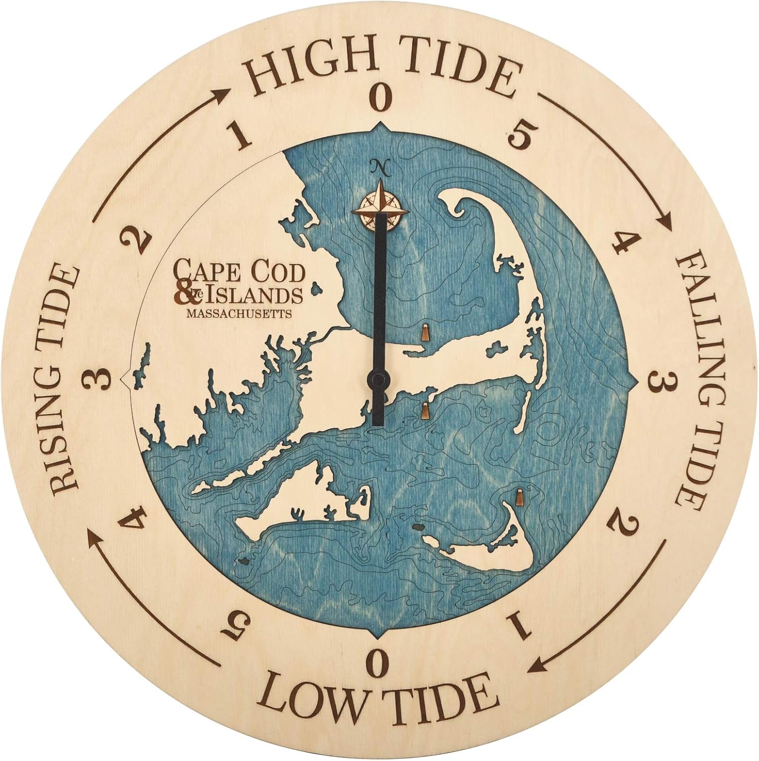 Sea & Soul Cape Cod 3D Wood Map Tide Clock, New England Tide Clock, East Coast Nautical Chart Tide Clock, Fisherman Gift, Sailor Gift, Coastal Decor, Nautical Decor (All Birch/Blue Green)