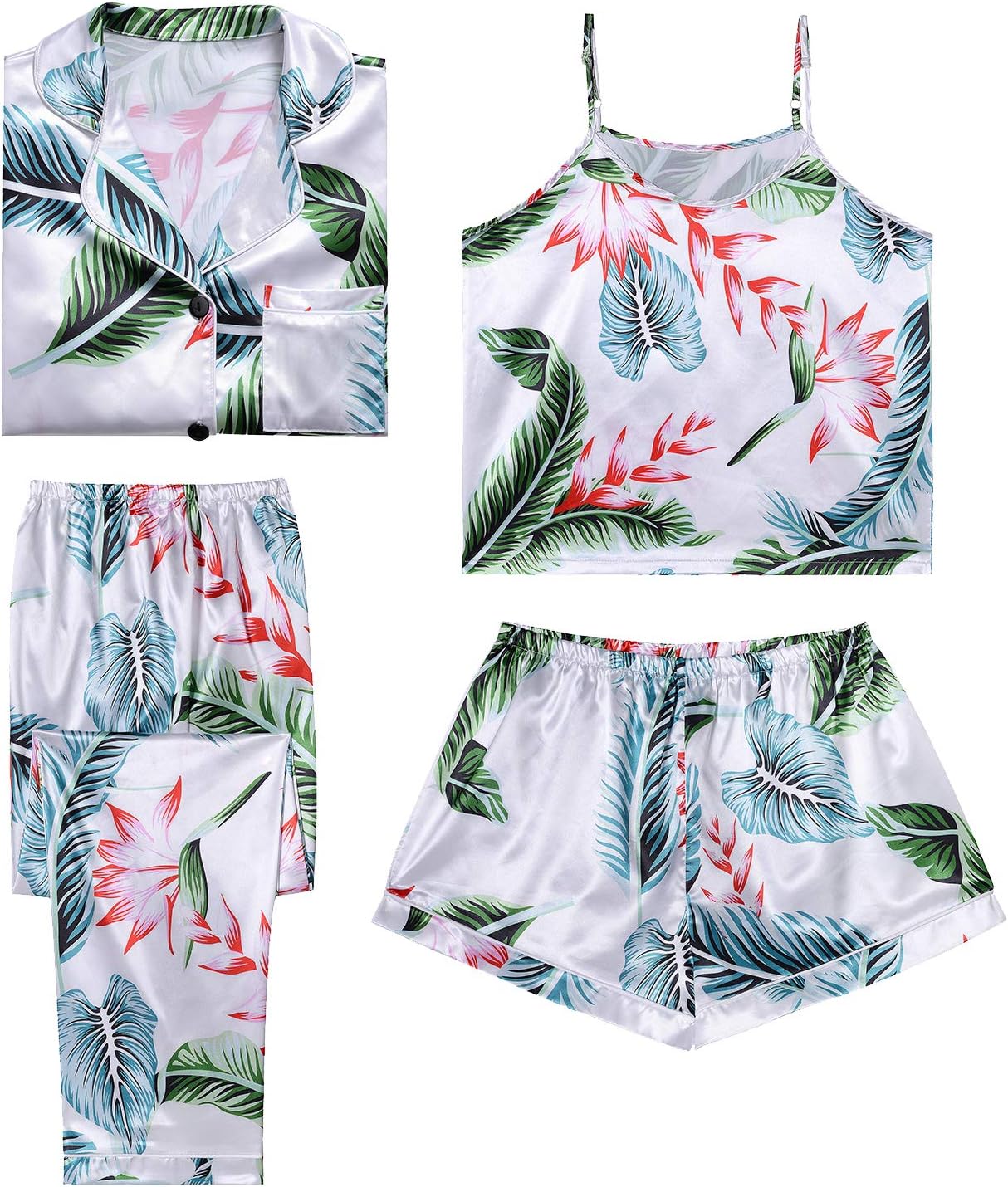 LYANER Women's Pajamas Set 4 pcs Satin Silk Cami Top Button Down Loungewear Pjs Set