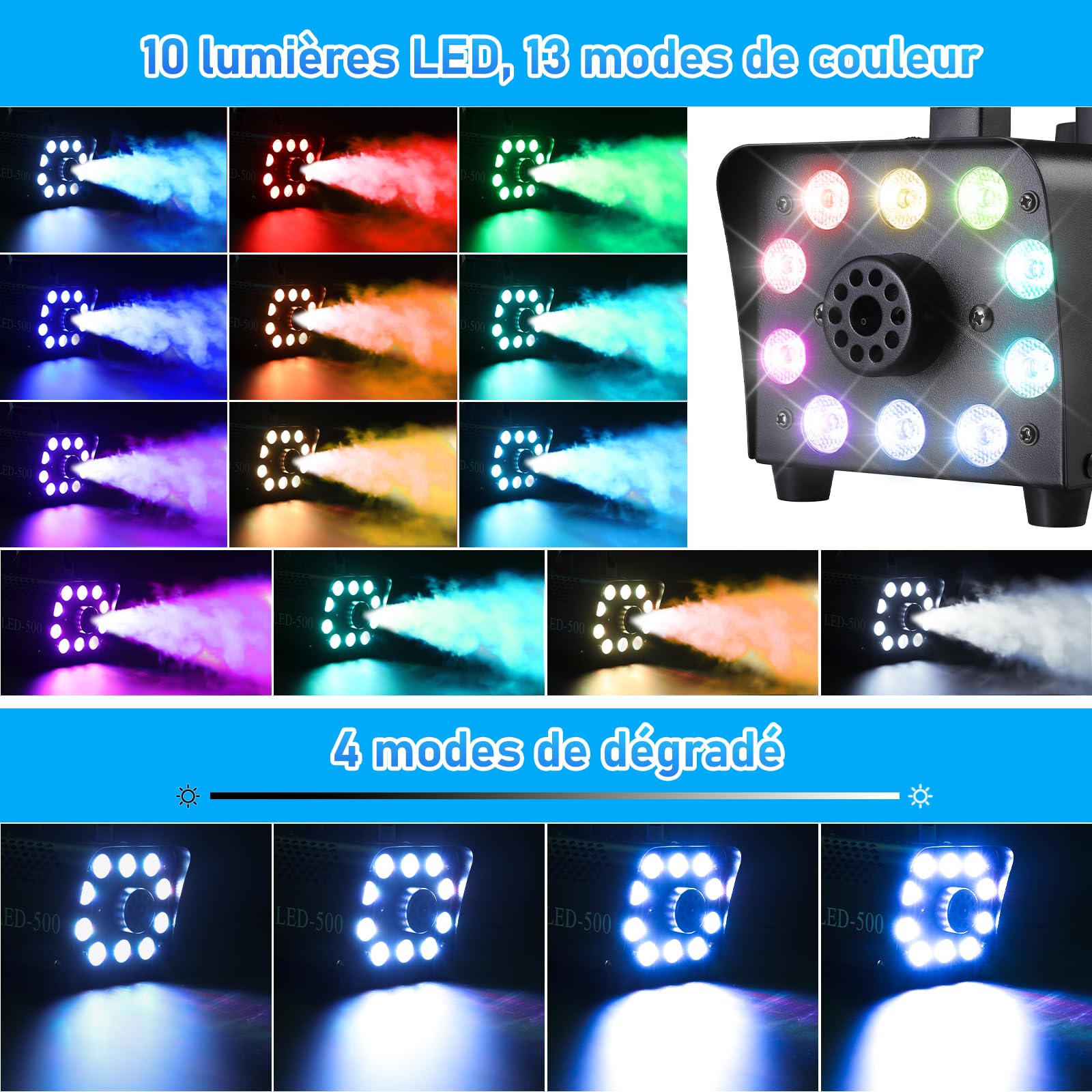 MAMIZO Machine à Fumée 500W, Machine à Brouillard Portable avec Télécommandes avec 13 Couleurs 10 LED Lumières RGB, Machine Fumee pour Halloween Noël Mariages Étapes Fêtes DJ et Spectacles