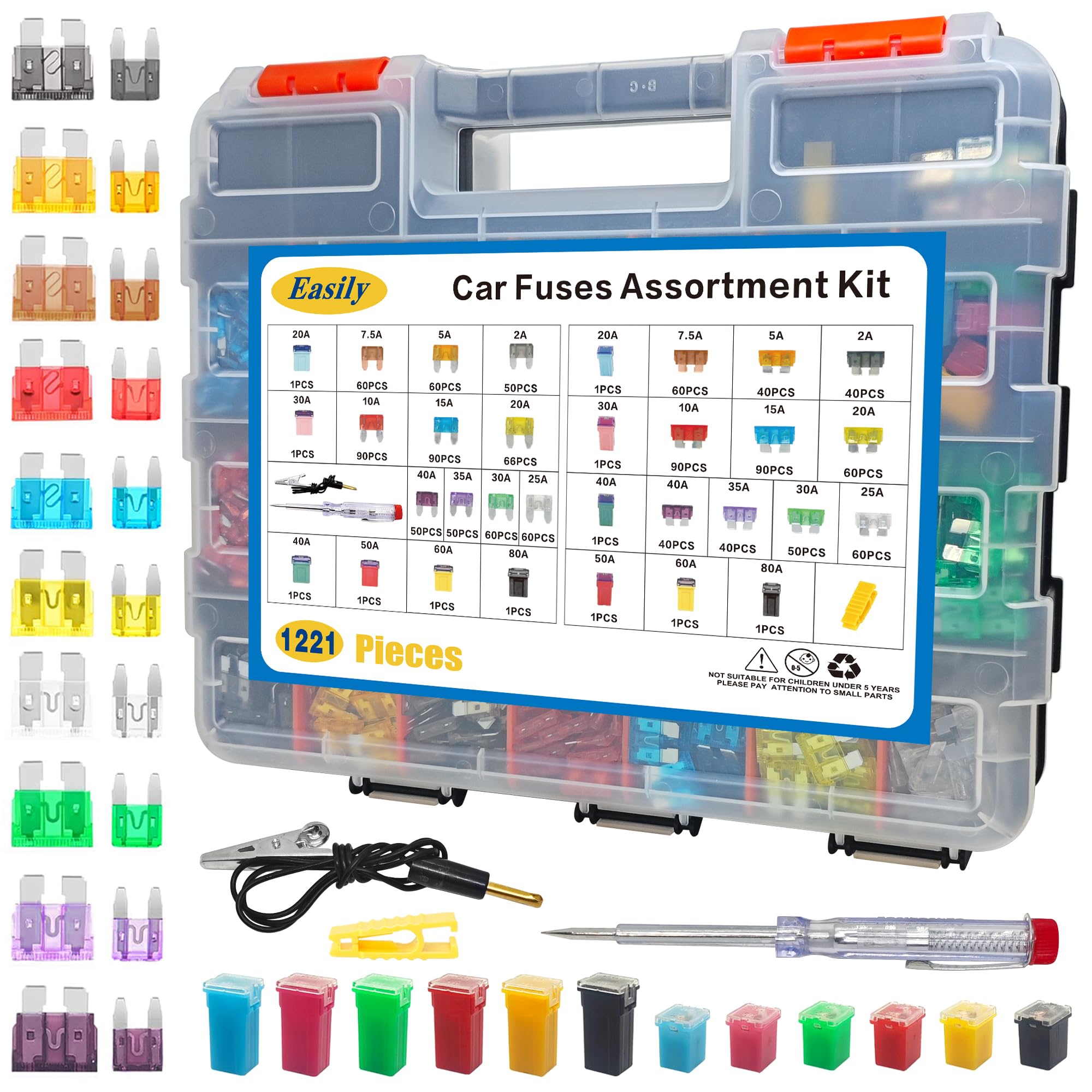 Kit assortito di 1221 fusibili per auto mini e standard a lama alta/STD profilo a forma di scatola fusibili con estrattore di fusibili e tester per circuiti, per auto, camion, SUV, barche, organizer