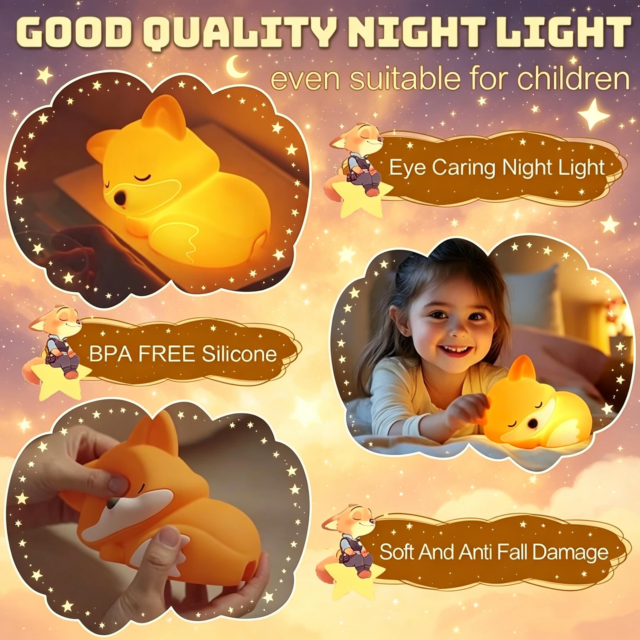 YR YRHH-PET Süßes Fuchs-Geschenk Nachtlicht, lustige Fuchslampe, wiederaufladbar, Squishy, dimmbar, seltsames Nachtlicht, LED-Neuheit, Tier, niedliches Zeug, Raum-Dekor, Silikon-Touch, Fuchs für Baby