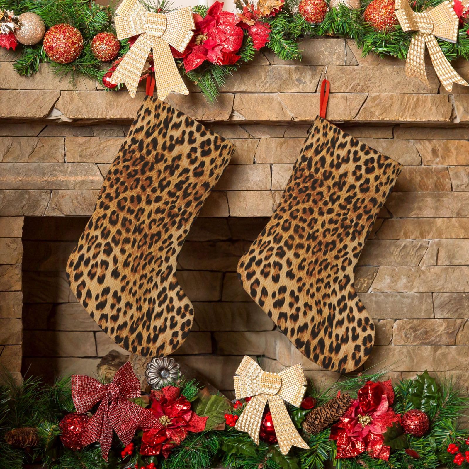 Zakhs Red, Green, Gold Leopard Print Print Christmas Stockings Plush Xmas Stockings Fireplace Hanging Stocking For Christmas Party Decorations