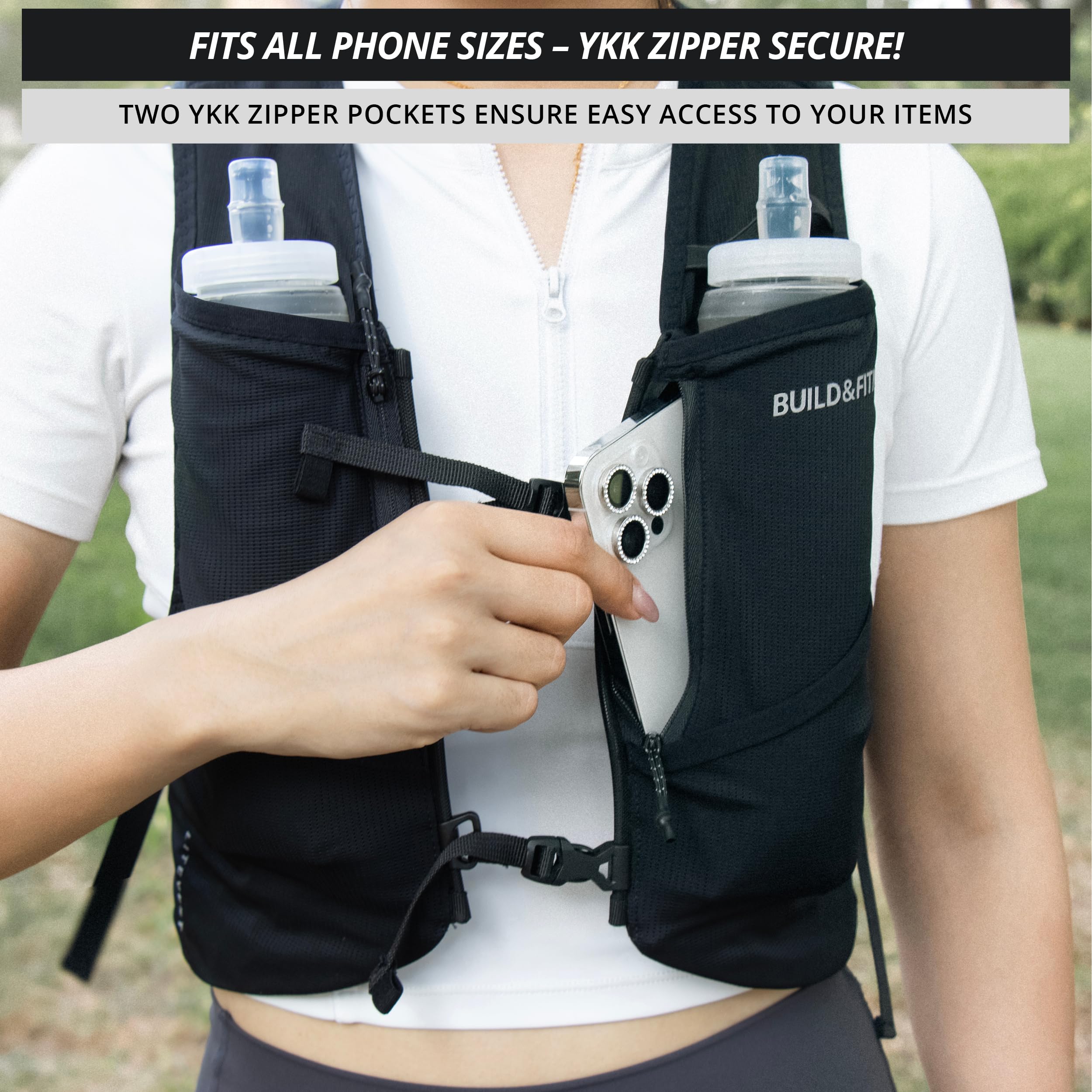 Gilet di idratazione LITEVEST Build & Fitness con 2 borracce morbide da 500 ml – 7 tasche, traspirante, comodo, sicuro ed elegante per trail running, maratone e corse quotidiane