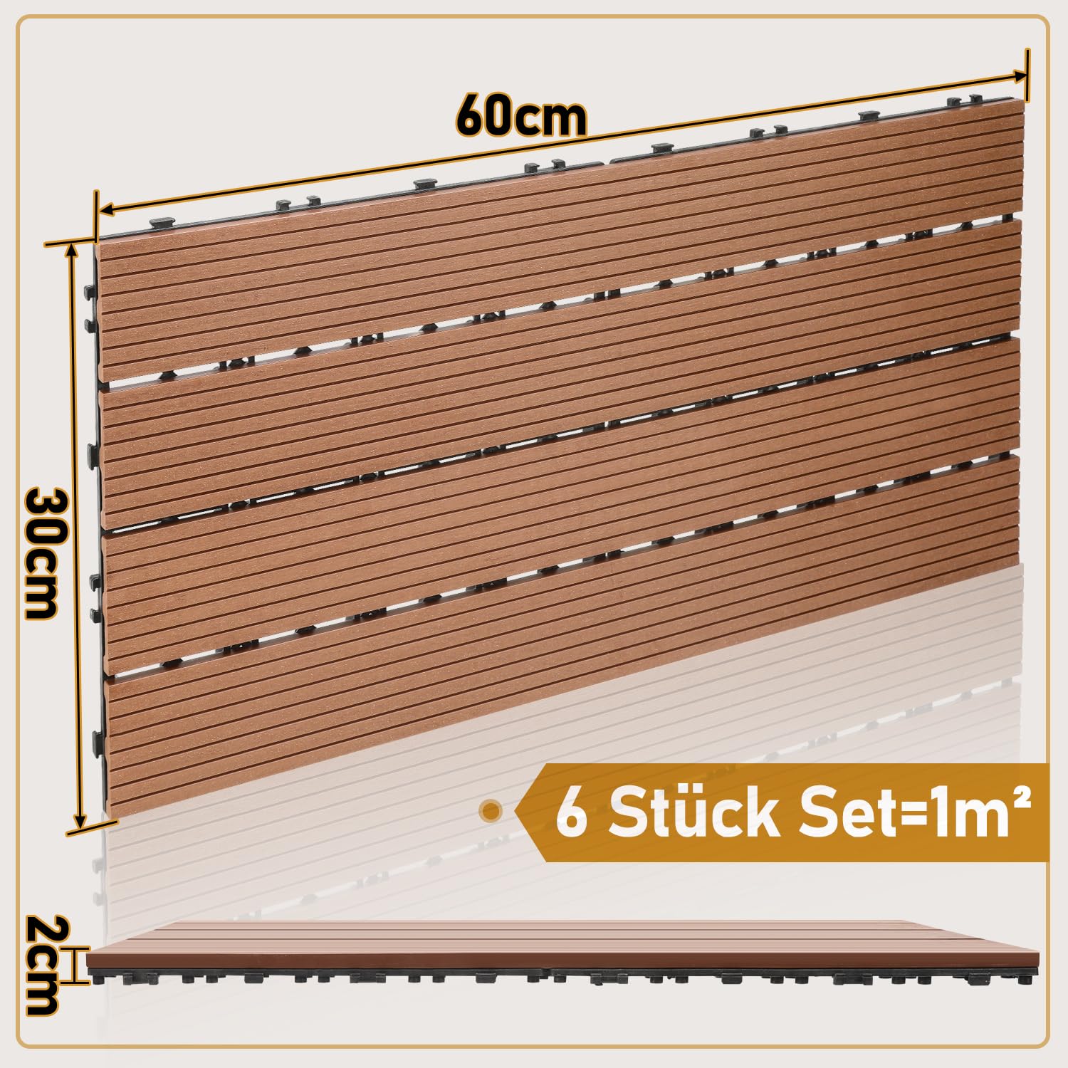 Randaco Płytki tarasowe WPC 30 x 60 cm, zestaw 30 sztuk na 5 m², płytki z tworzywa sztucznego, płytki na klik, płytki balkonowe z drenażem, do ogrodu, na taras, łatwe układanie, brązowe