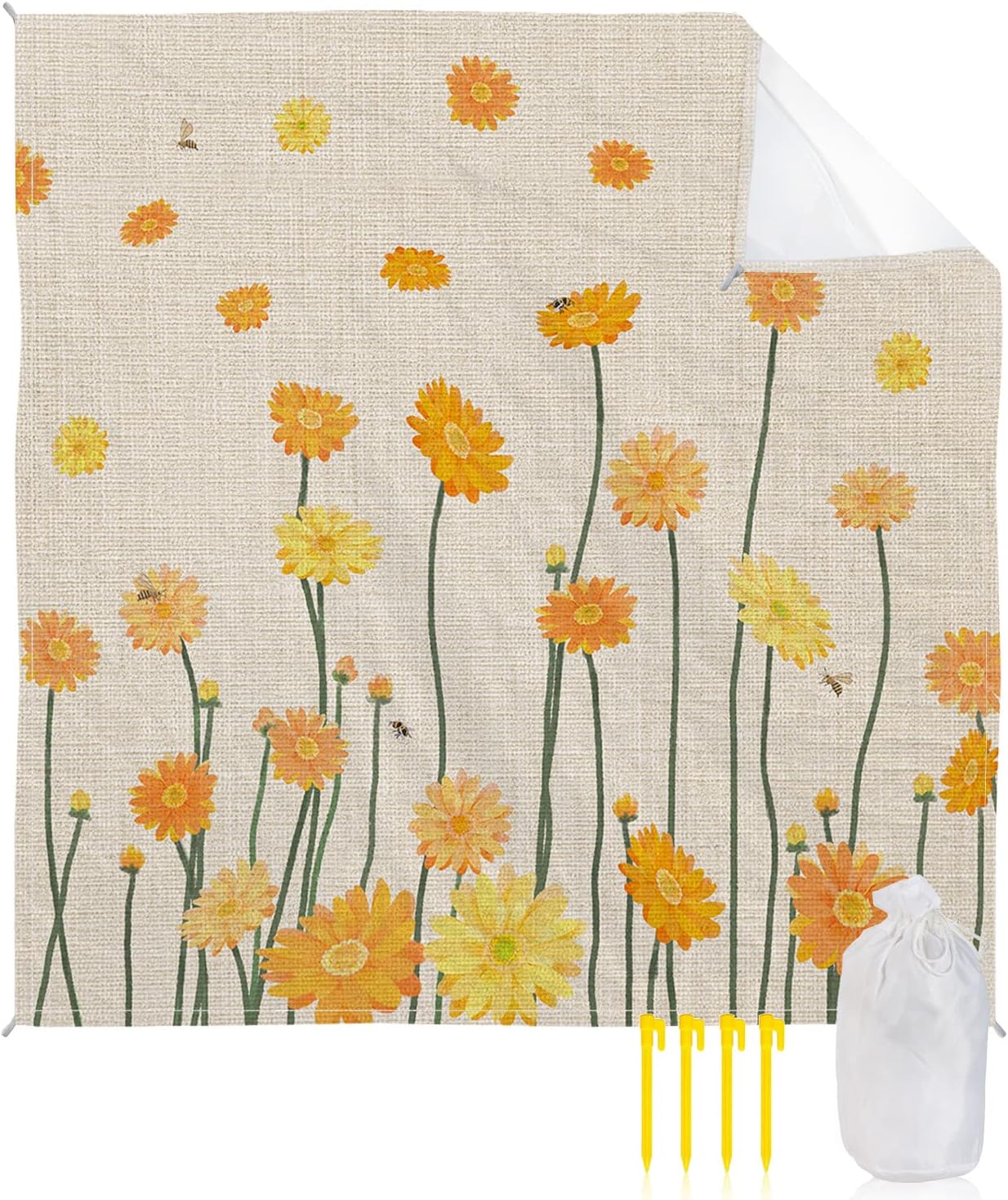 Beach Blanket, Summer Vintage Blossoms Flowers Field Bee Sandproof Beach Mat 83"x79" Outdoor Picnic Blankets Retro Plant Burlap Texture Portable Picnic Mats for Vacation, Travel, Camping, Hiking