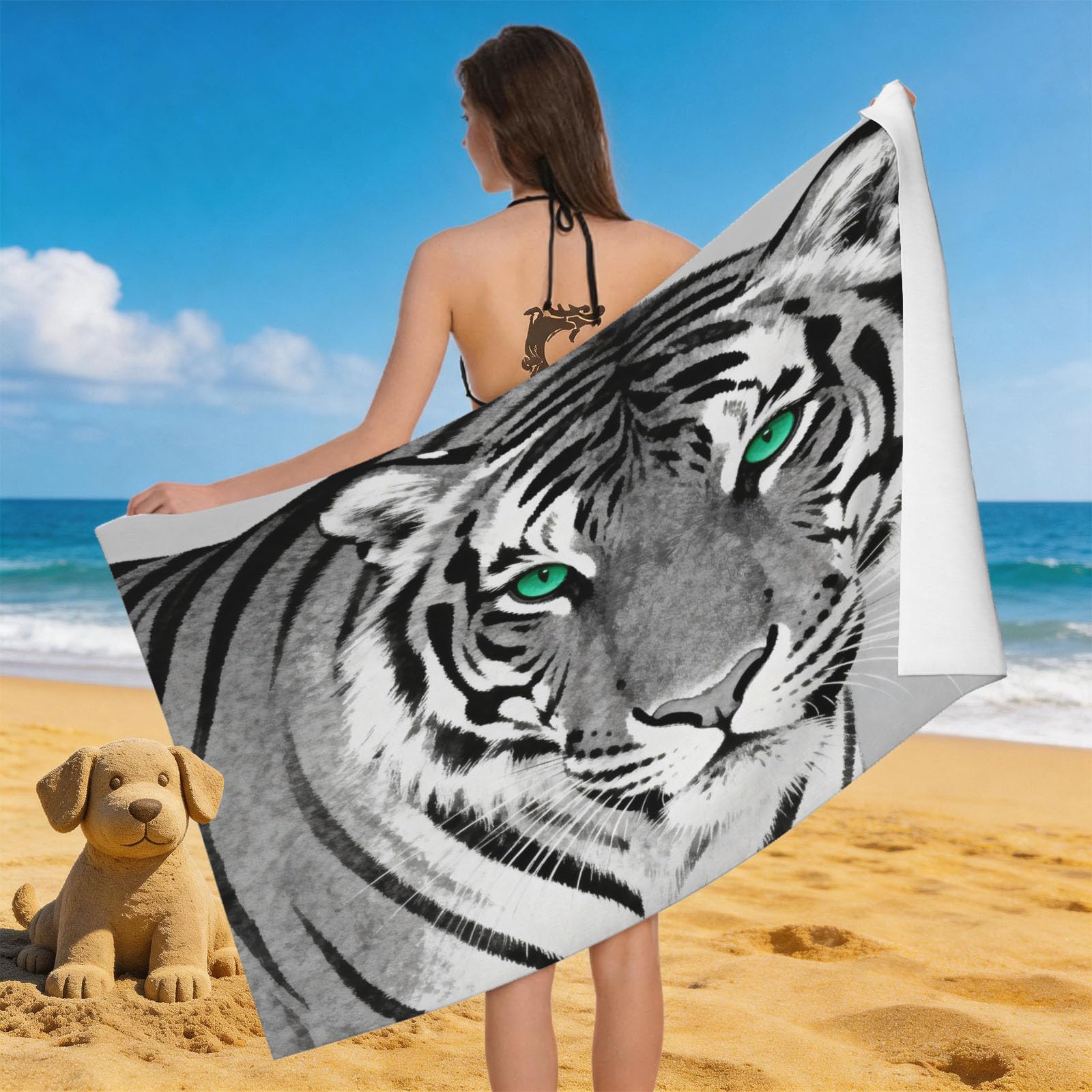 Leichong 3D Black White Tiger Beach Towel Large Microfiber Soft Quick Dry for Adults, Minimalistic Bath Towel Lightweight Soft Absorbent for Travel Swimming Pool Sports, 80 x 160 cm