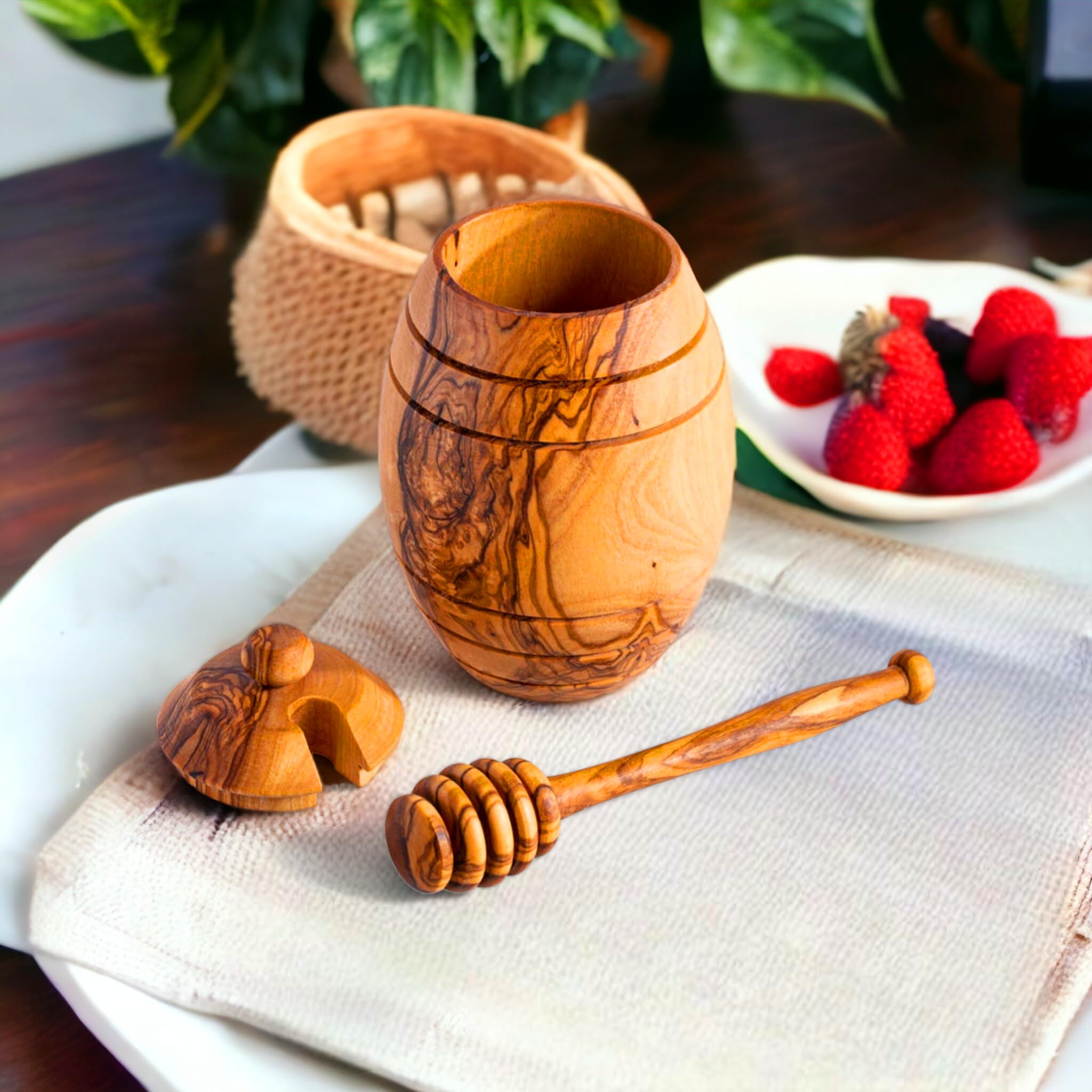 Kamsah Olive Wood Honey Pot - Honey Jar with Lid and Honey Wooden Dipper Stick - Rustic Handmade Bee Honey Container & Holder - 3.5 oz Empty 3 Piece Set for Home and Kitchen - Gift for Any Occasion