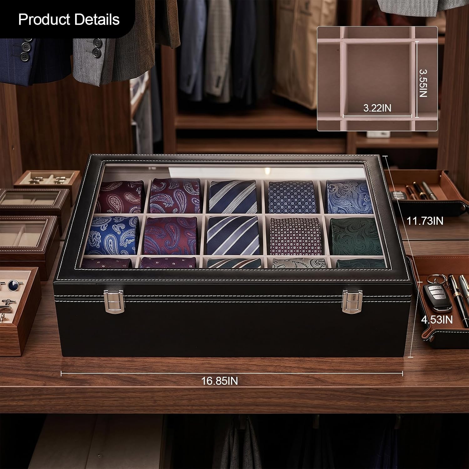 15 Slots Tie Organizer for Drawer, Luxury Tie Storage with Glass Lid,Lockable Jewelry,Anime Figure,Dresser Storage Box, Elegant Gift for Women or Men,Black