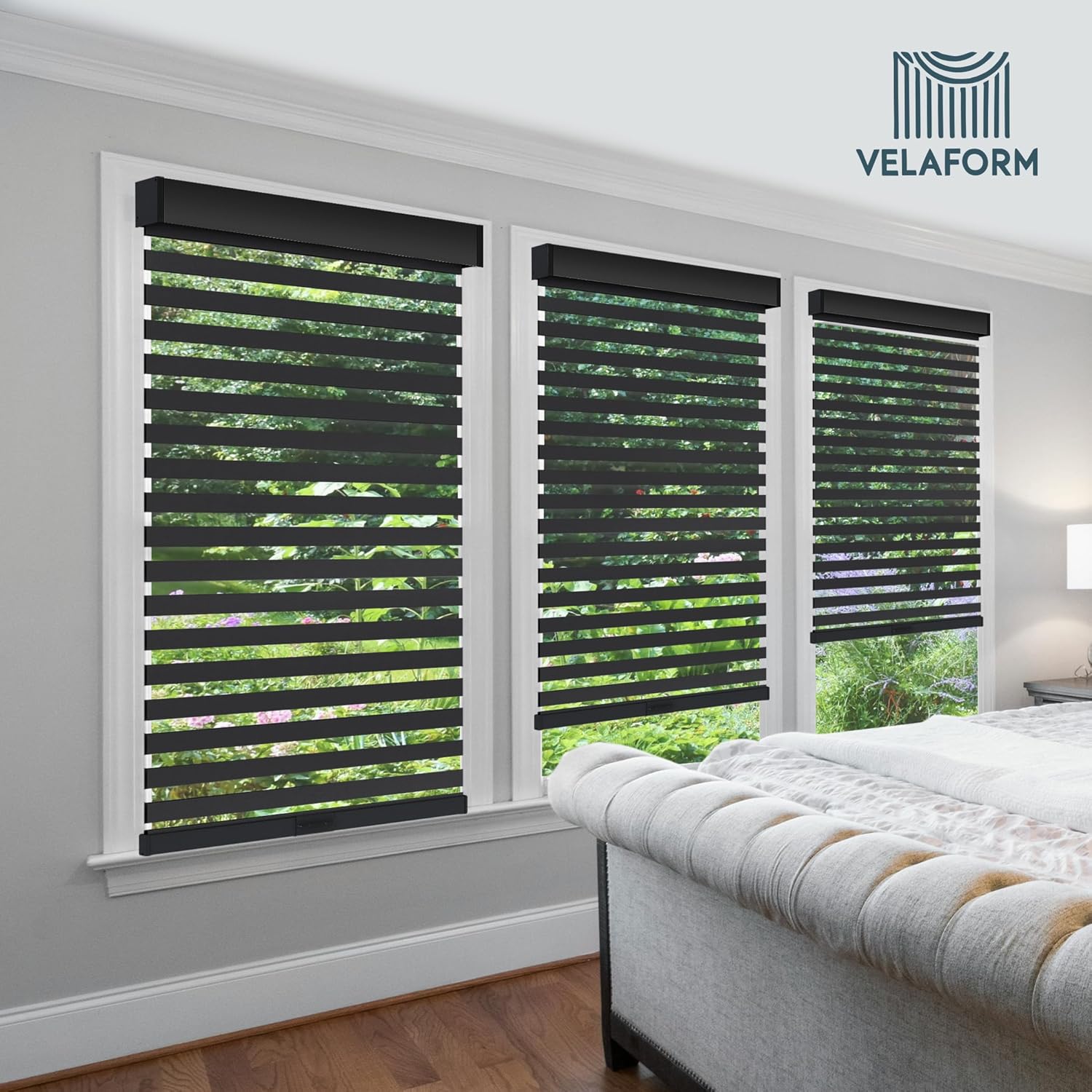 Cordless Zebra Window Blinds (62" W x 72" H, Black), Dual Layer Light Filtering, Free-Stop, Safe for Pets