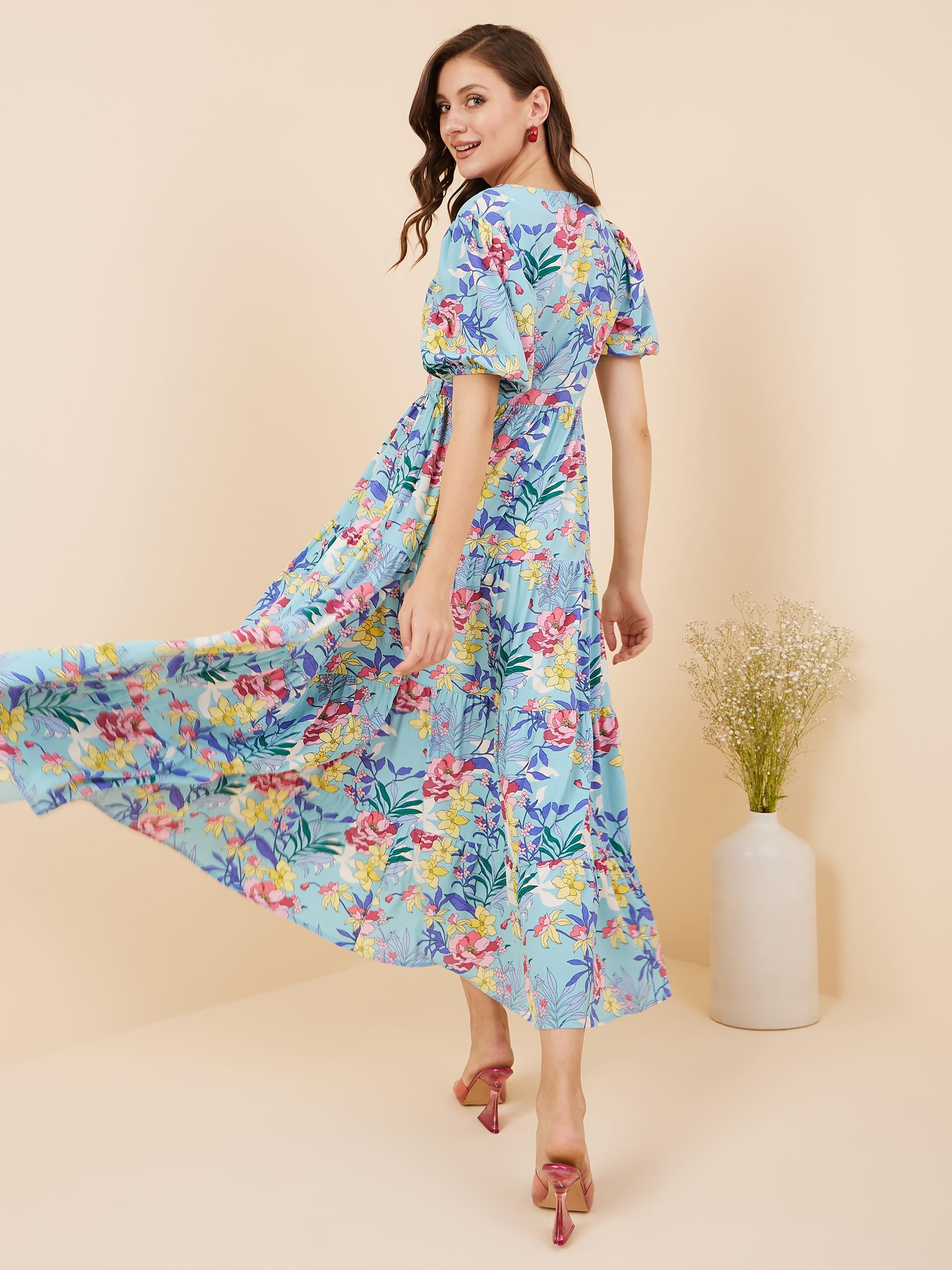 Rare Women's Crepe Fit And Flare Maxi Casual Dress (Ep8001B_Turq_L)