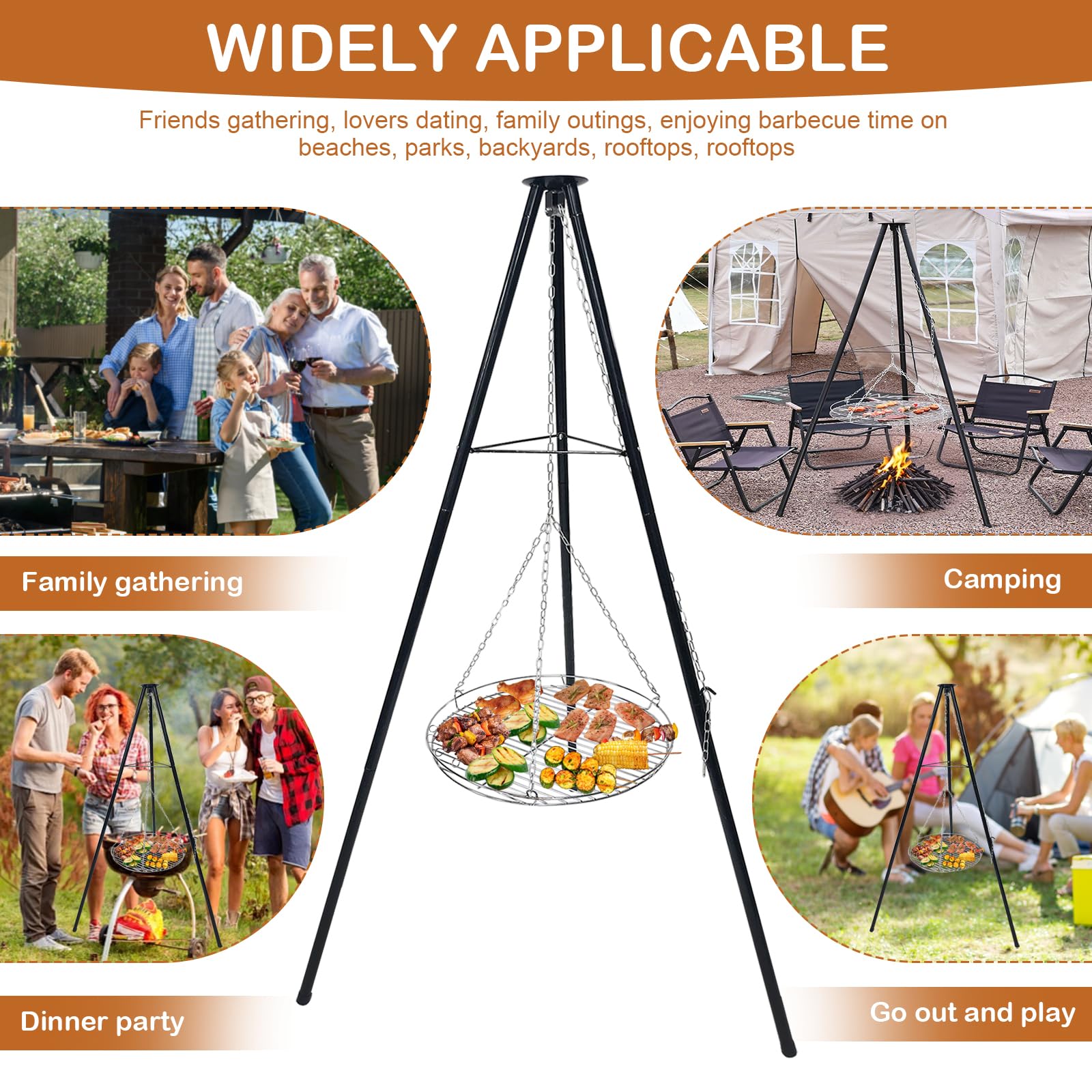 Grille de barbecue avec grille, espacement des barres, tourbillons de corde, trépied télescopique, support de barbecue, cuisson en plein air, kit de trépied pliable, feu de camp, grande surface de