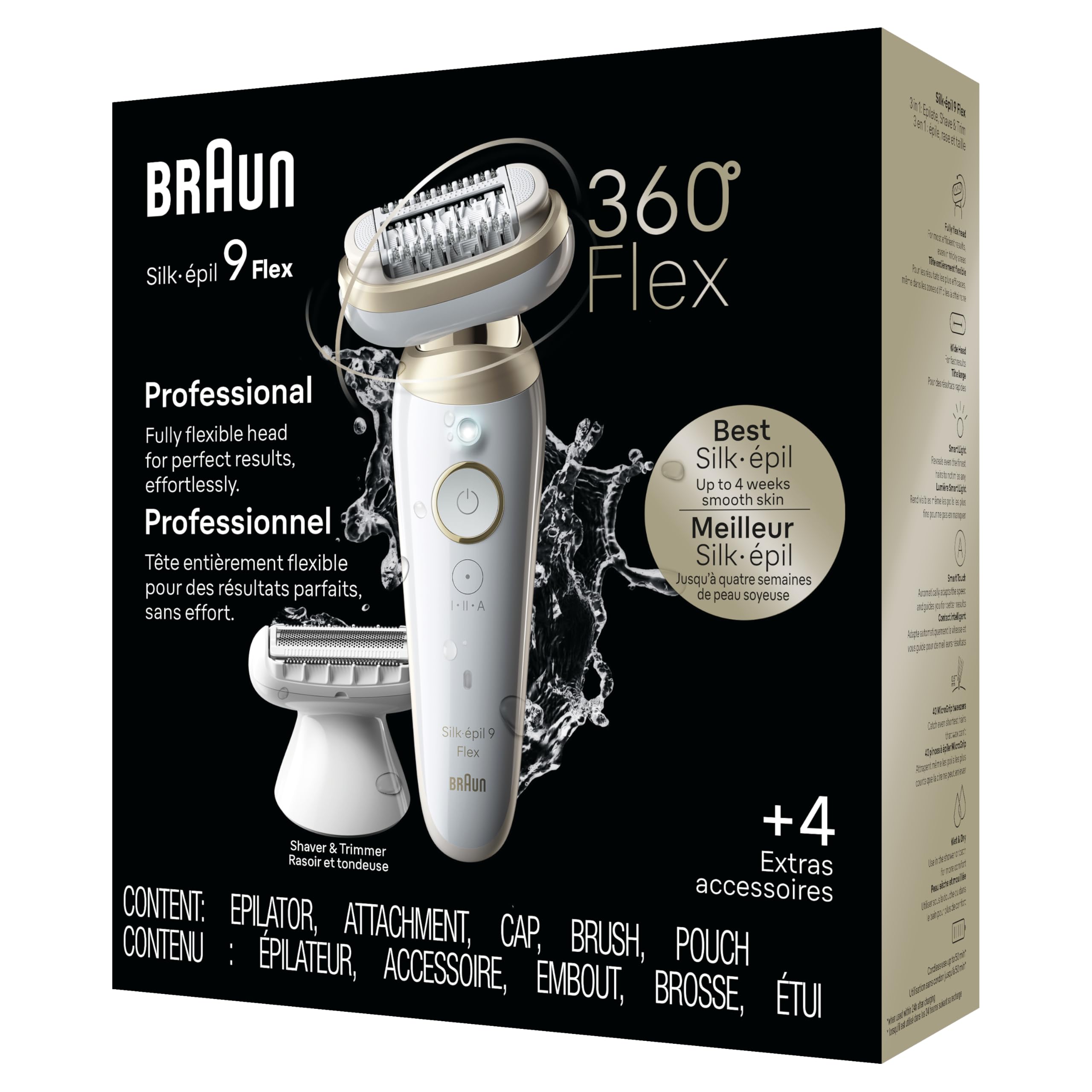 Braun Silk-épil 9 Flex Epilator, 360 Flex and Pivoting Head, Wet and Dry, Includes Shaver Head, Trimmer Comb, SES9-041 3D, Tinted Gold, Holiday Gifts for Women