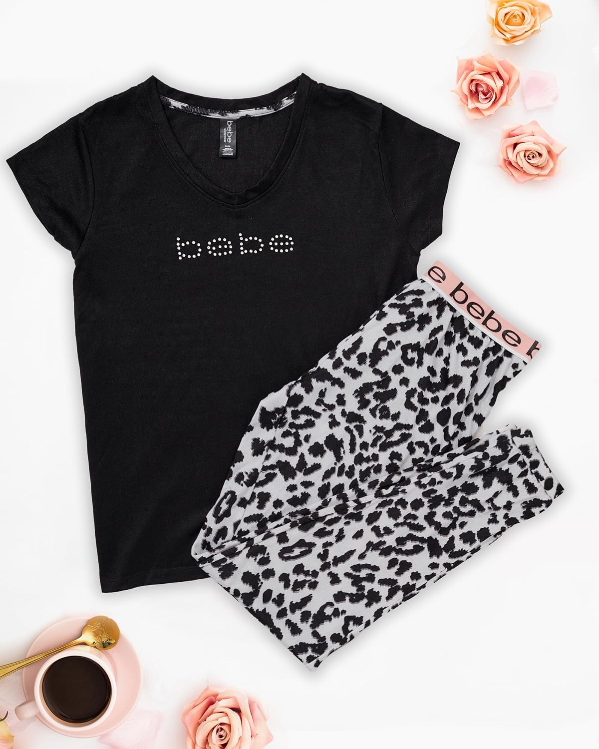 bebe Womens PJs Sets 2 Piece with Tee and Pajama Pants,Women's Sleepwear, Ladies Pajamas Sets - Image 3