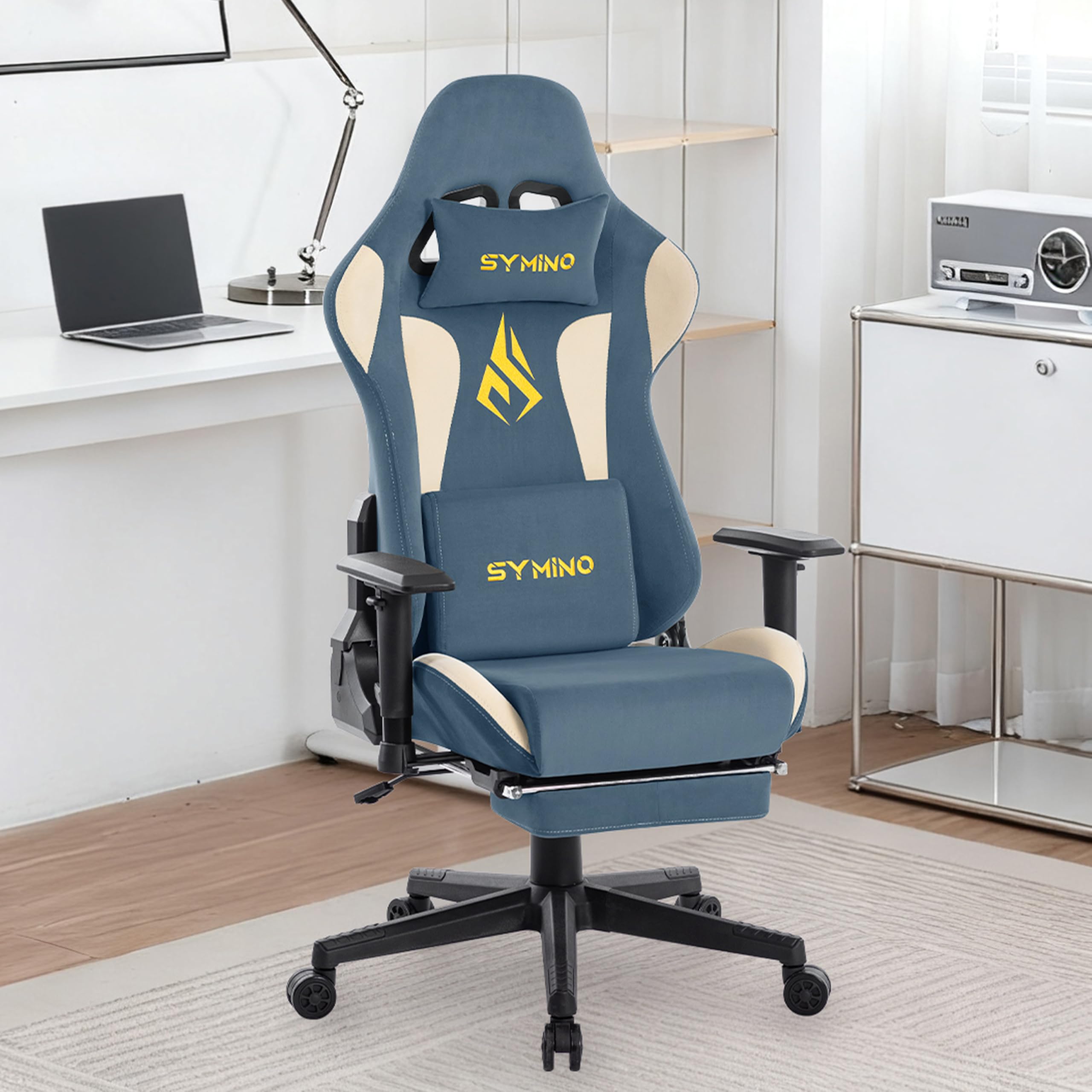 Symino Gaming Stuhl, Luxuriöser Wildlederimitat Gaming Chair, Ergonomischer Bürostuhl Schreibtischstuhl mit Fußstütze Kopfstütze und Lendenkissen, 90-167° Rückenlehne, Blau-Beige