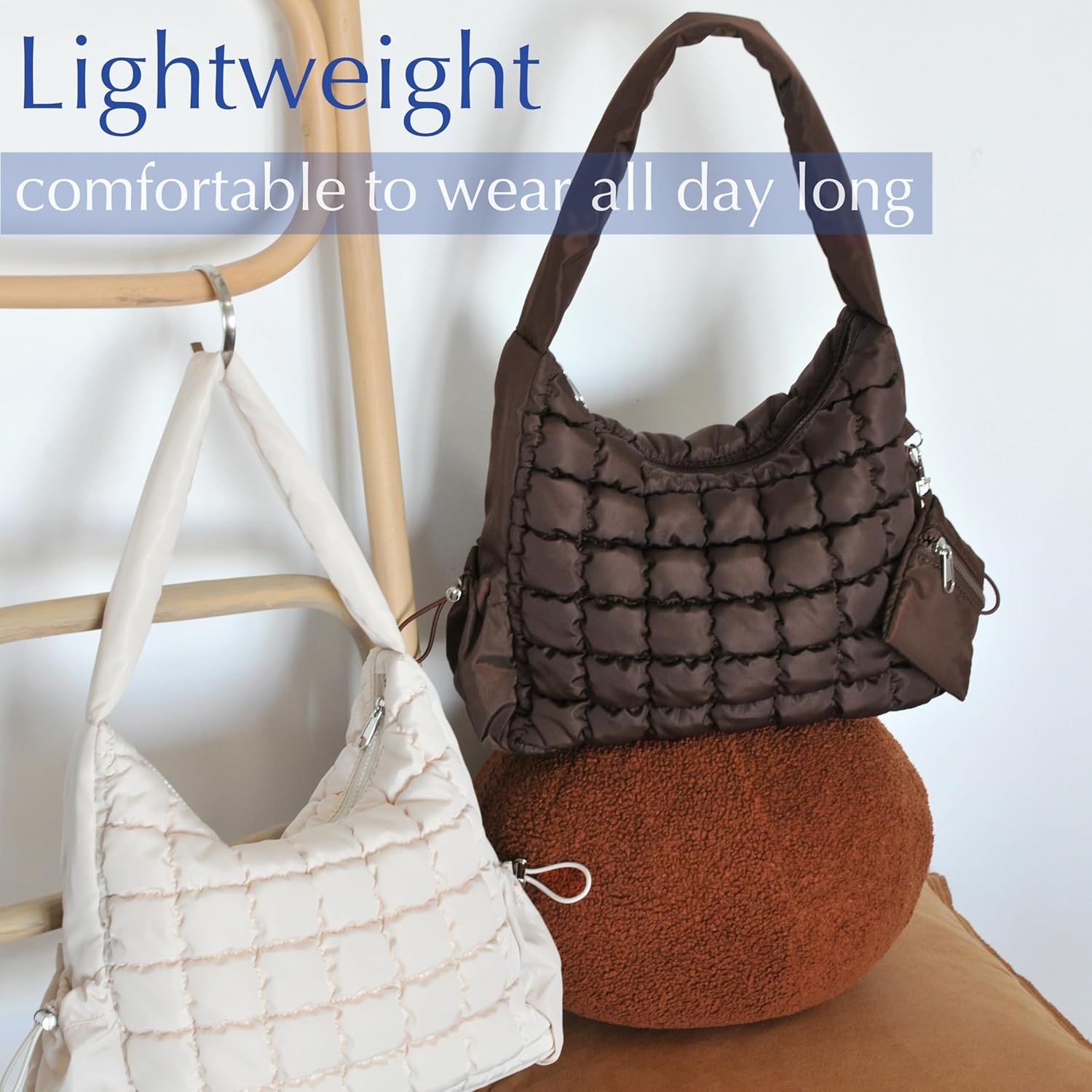 Puffer Quilted Shoulder Bag for Women Hobo Handbag Lightweight Purse