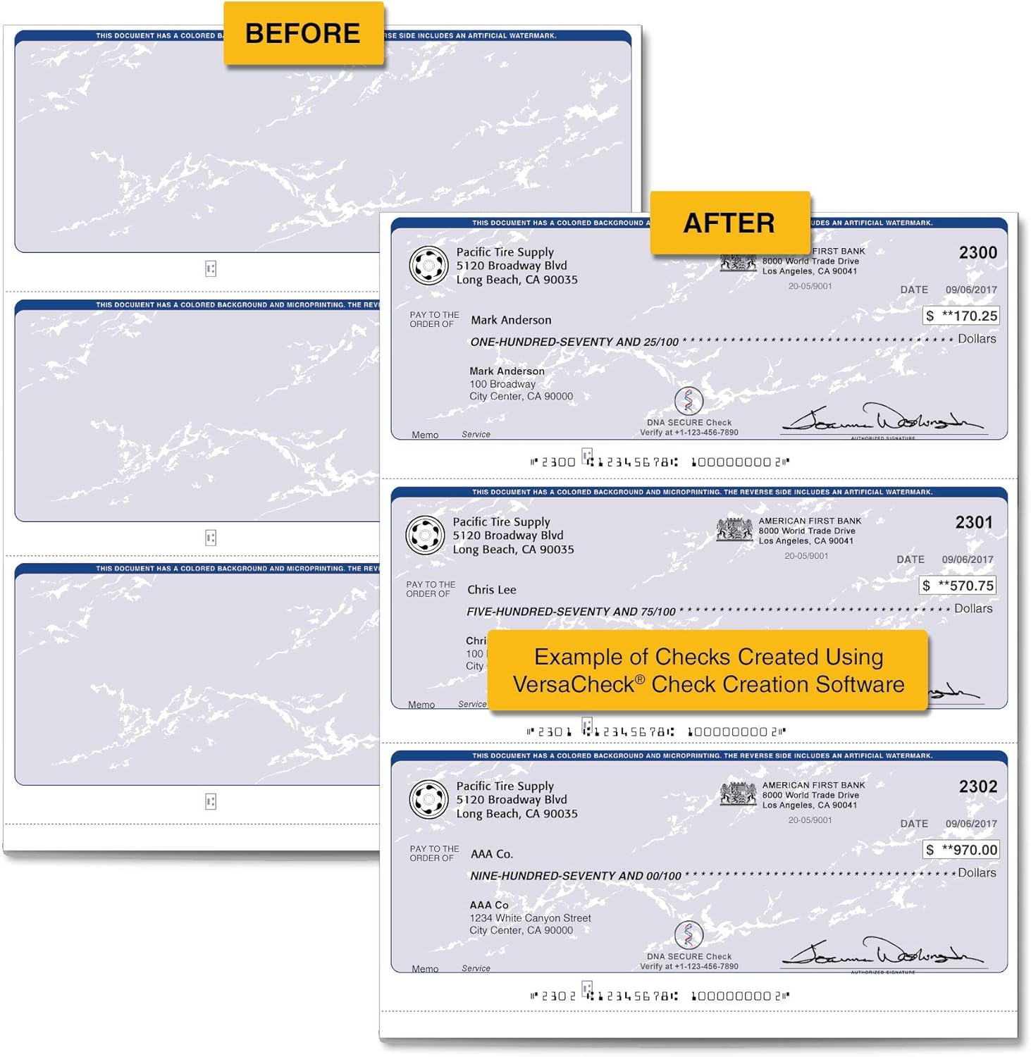 VersaCheck Secure Checks - 1500 Blank Business Checks - Blue Prestige - 500 Sheets Form #3000 - 3 Per Sheet : Office Products